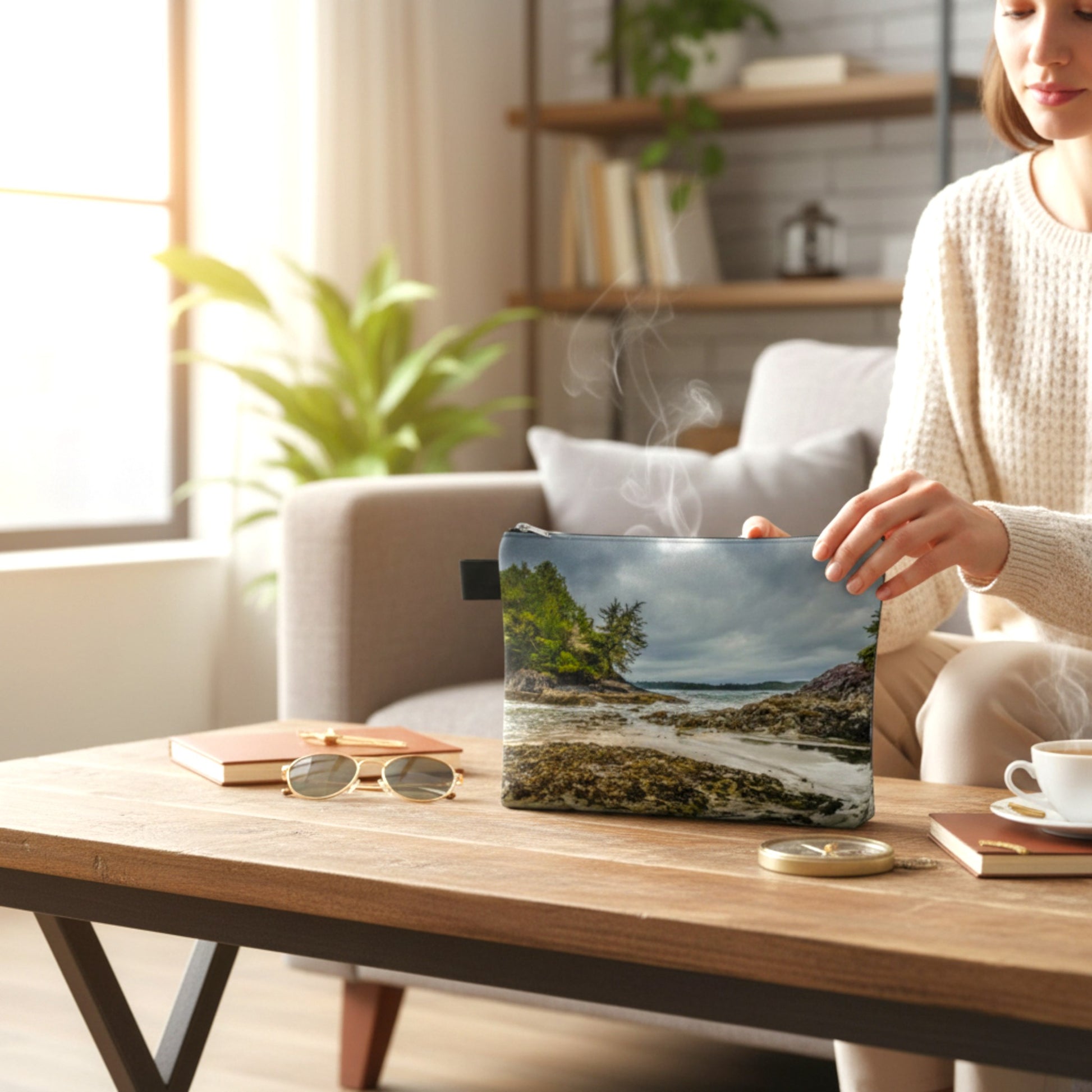 Person holding a pouch with a scenic design on a wooden table in a cozy living room.