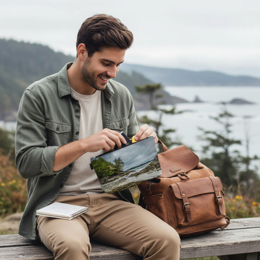 Man sitting outdoors with a leather backpack and a photo of a landscape.