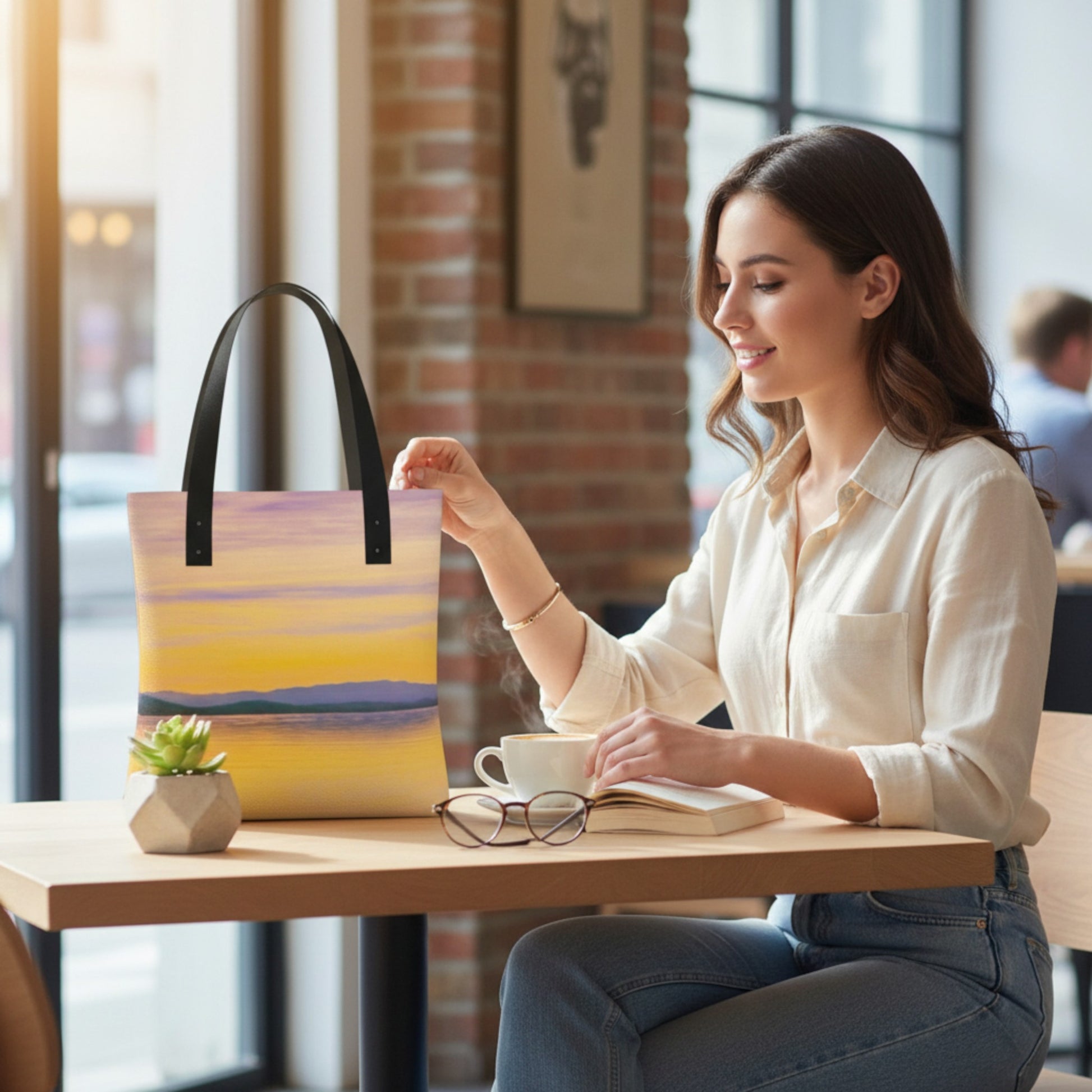 Woman sitting at a table with a colorful handbag, cup of coffee, and book.
