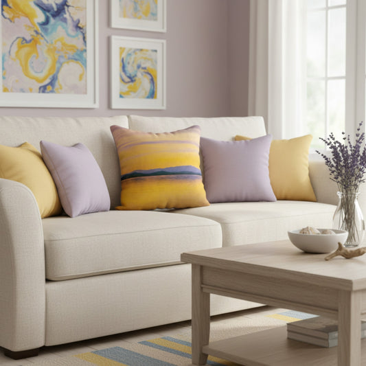 A throw pillow with a vibrant image of a sunset over a body of water, with mountains in the background.