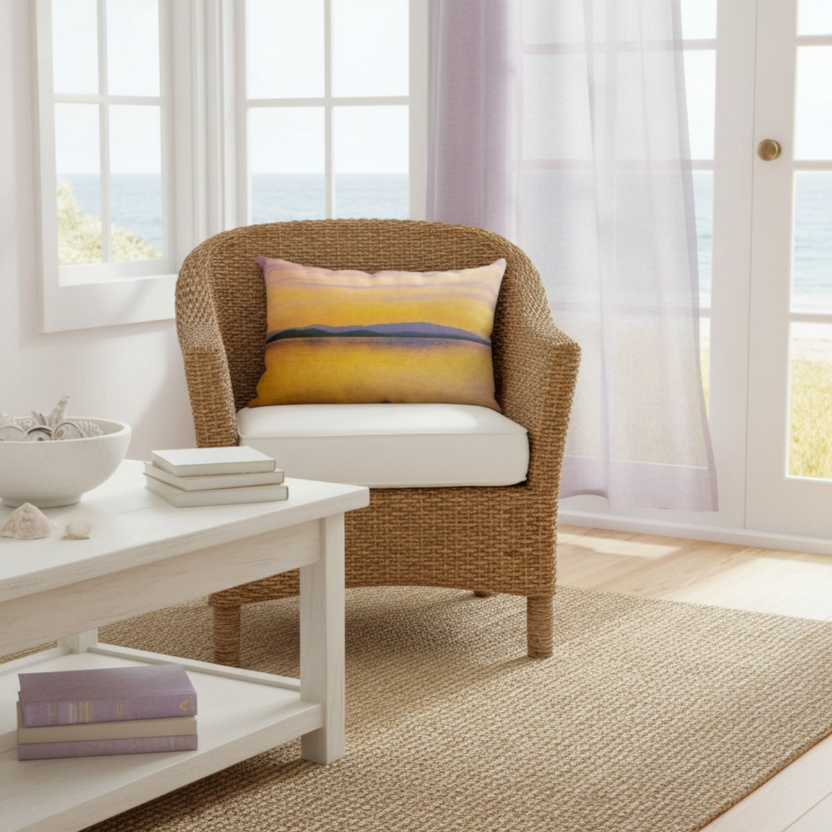 A throw pillow with a vibrant image of a sunset over a body of water, with mountains in the background.