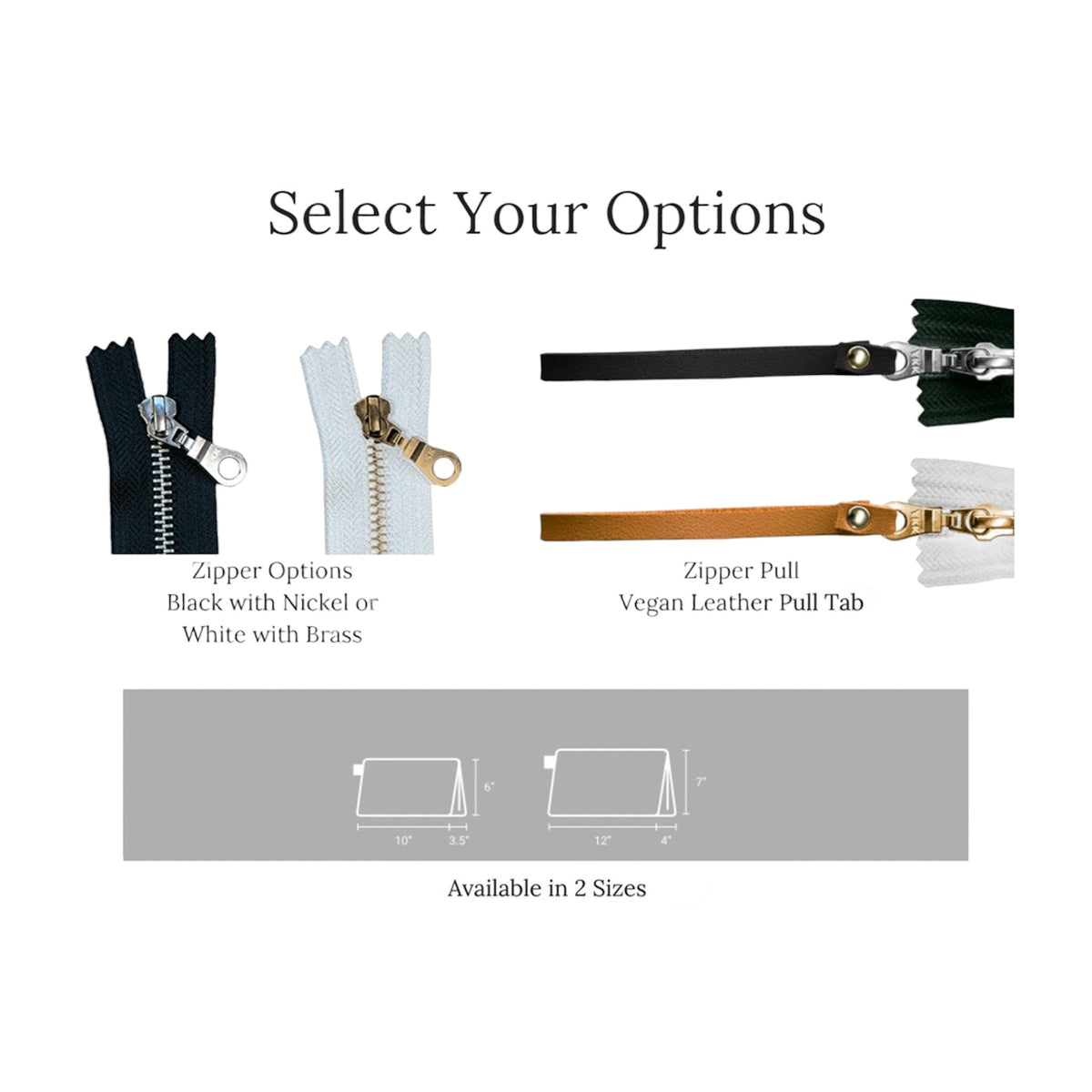 A product options graphic for a zipper pull, showing two zipper styles at the top labeled 'Zipper Options' and two pull tab colors at the right labeled 'Zipper Pull Vegan Leather Pull Tab,' plus a gray size diagram at the bottom reading 'Available in 2 Sizes.'.