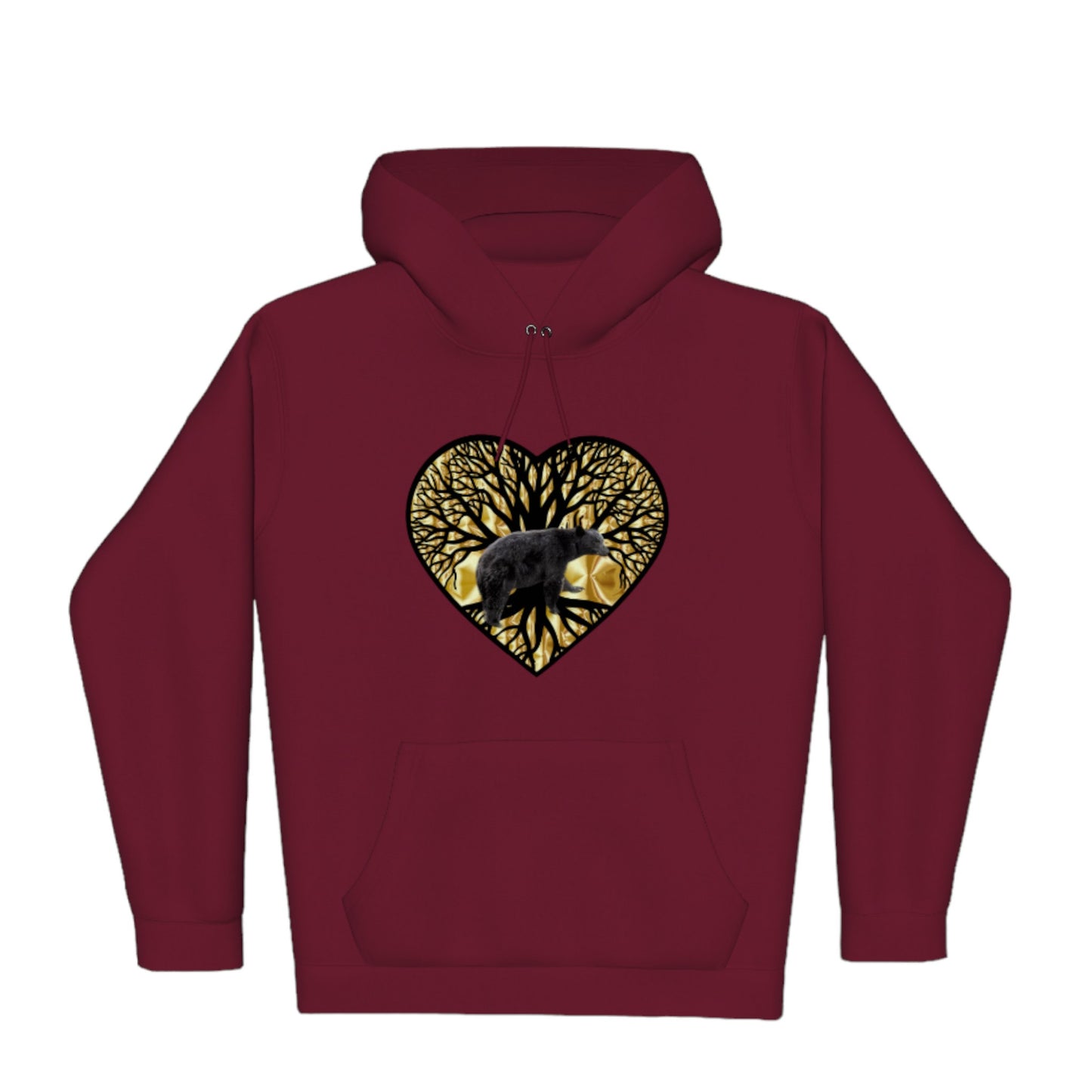Bear Heart Premium Pullover Hoodie. the image is of a heart with a tree of life and a bear with a gold background.