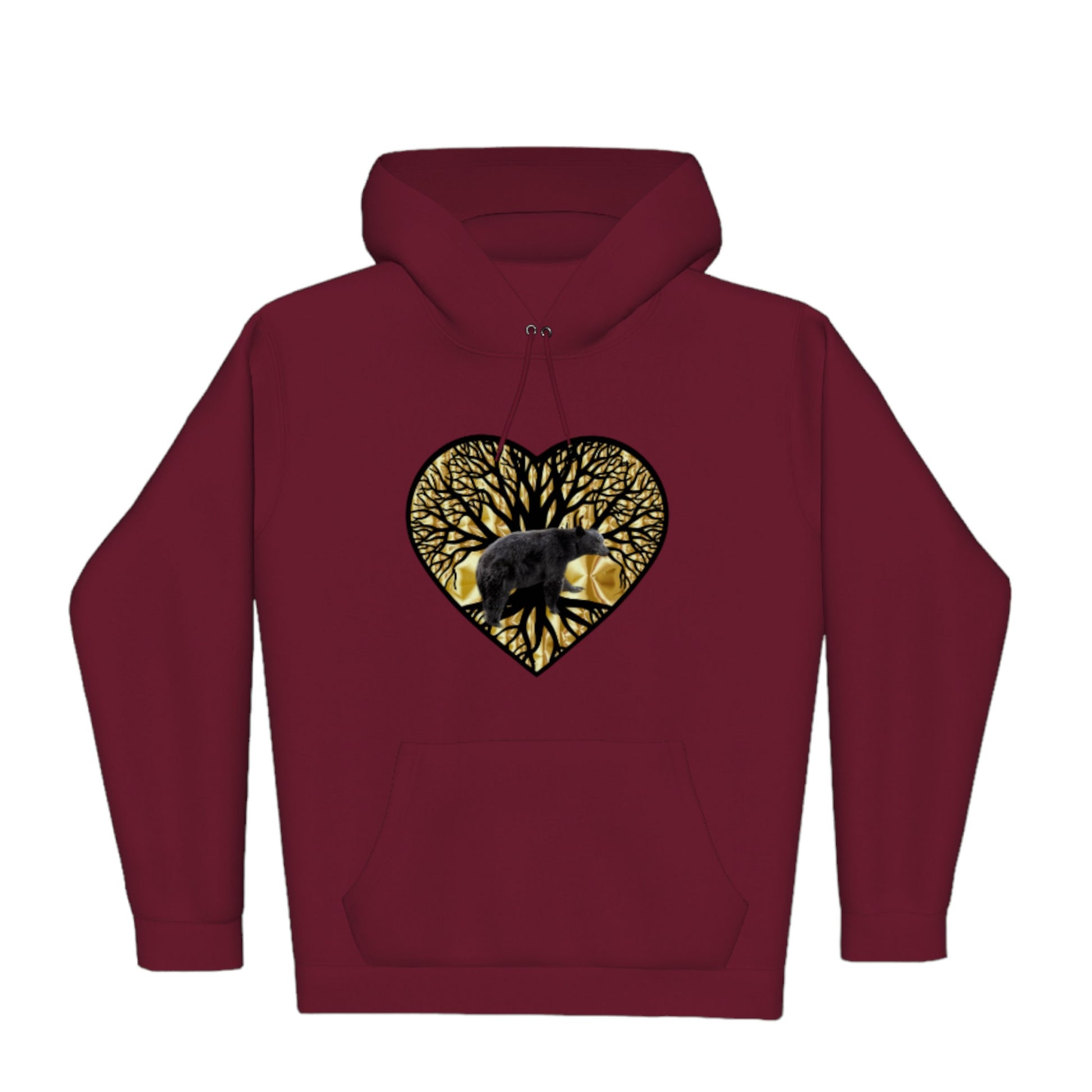 Bear Heart Premium Pullover Hoodie. the image is of a heart with a tree of life and a bear with a gold background.