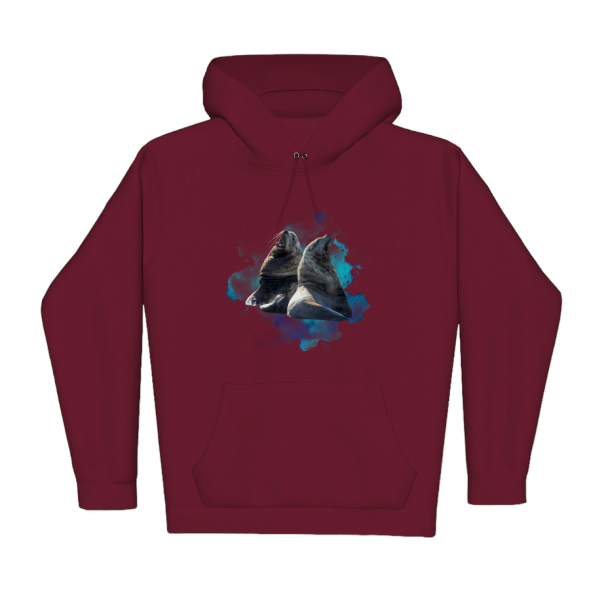 Sea Lions Premium Pullover Hoodie. The image is of two sea lions with a blue abstract background.
