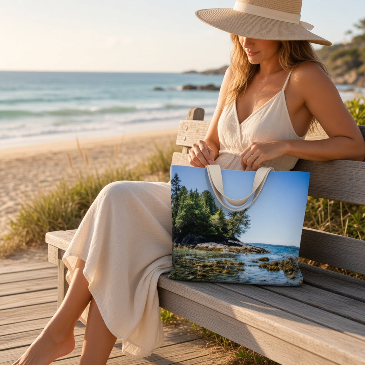 A woman in a white dress and wide-brim straw hat sits on a wooden beach bench holding a large tote bag printed with a scenic coastal landscape. The background shows a sandy beach, ocean, and dunes at warm golden hour.