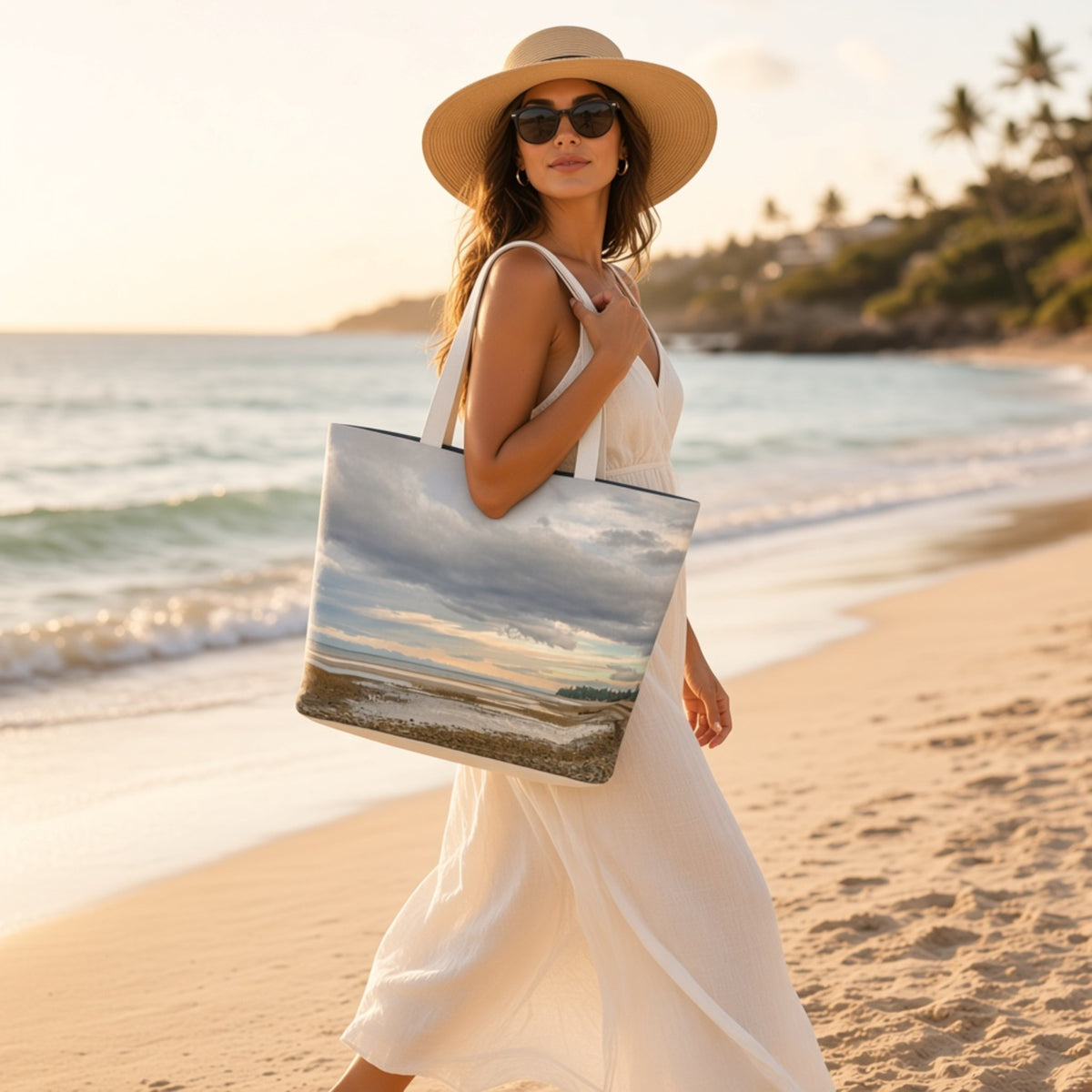 A woman in a white dress and straw hat walks on a sandy beach carrying a large tote bag printed with a scenic landscape of water, sky, and shoreline.