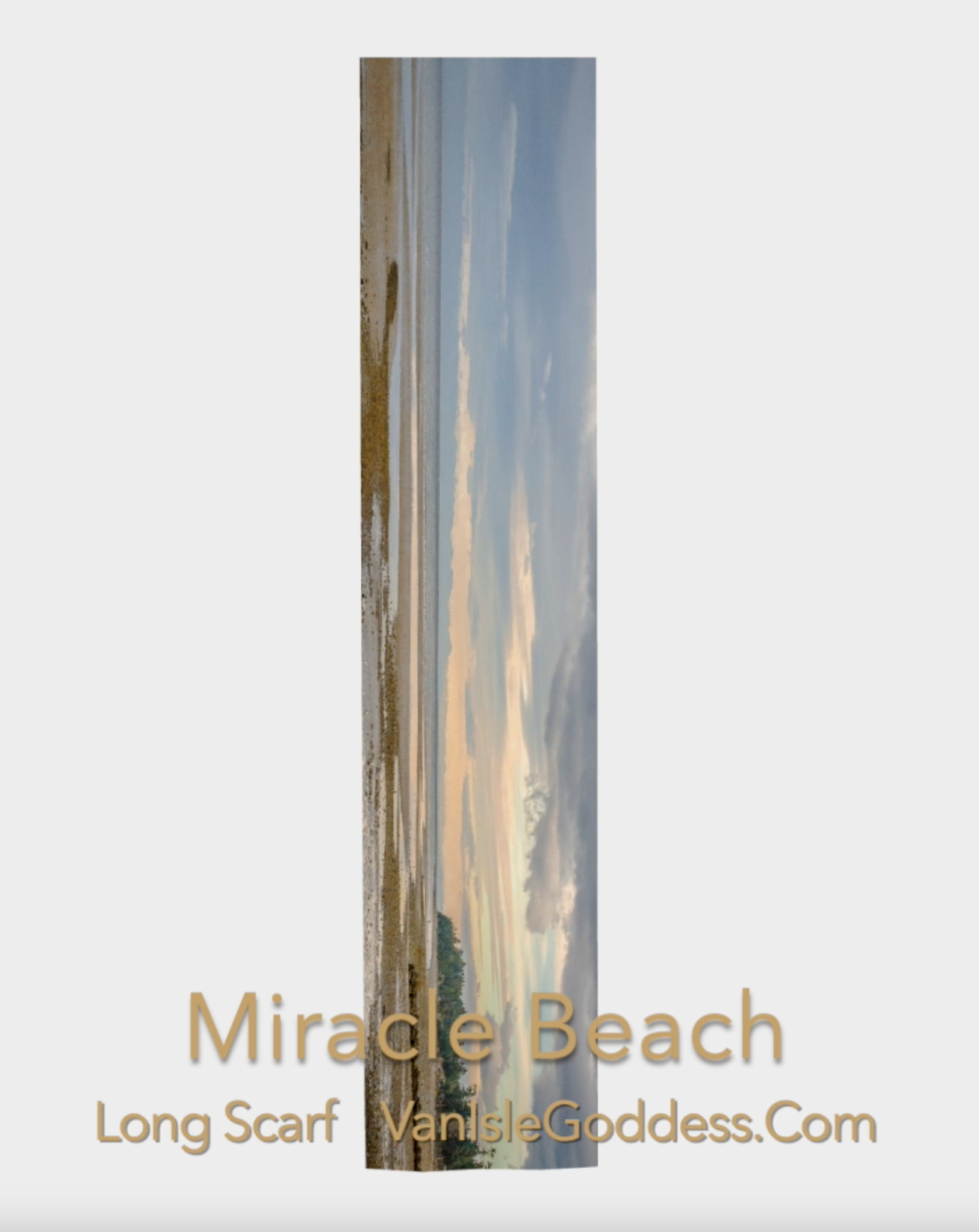 Miracle Beach long scarf shown with an image of Miracle beach.  The scarf is shown full length to show the entire image.
