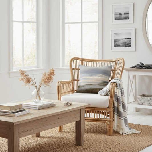 A light natural rattan armchair with a white cushion and a blue-gray landscape pillow, styled in a bright coastal-themed living room next to a wooden coffee table and a striped throw blanket.