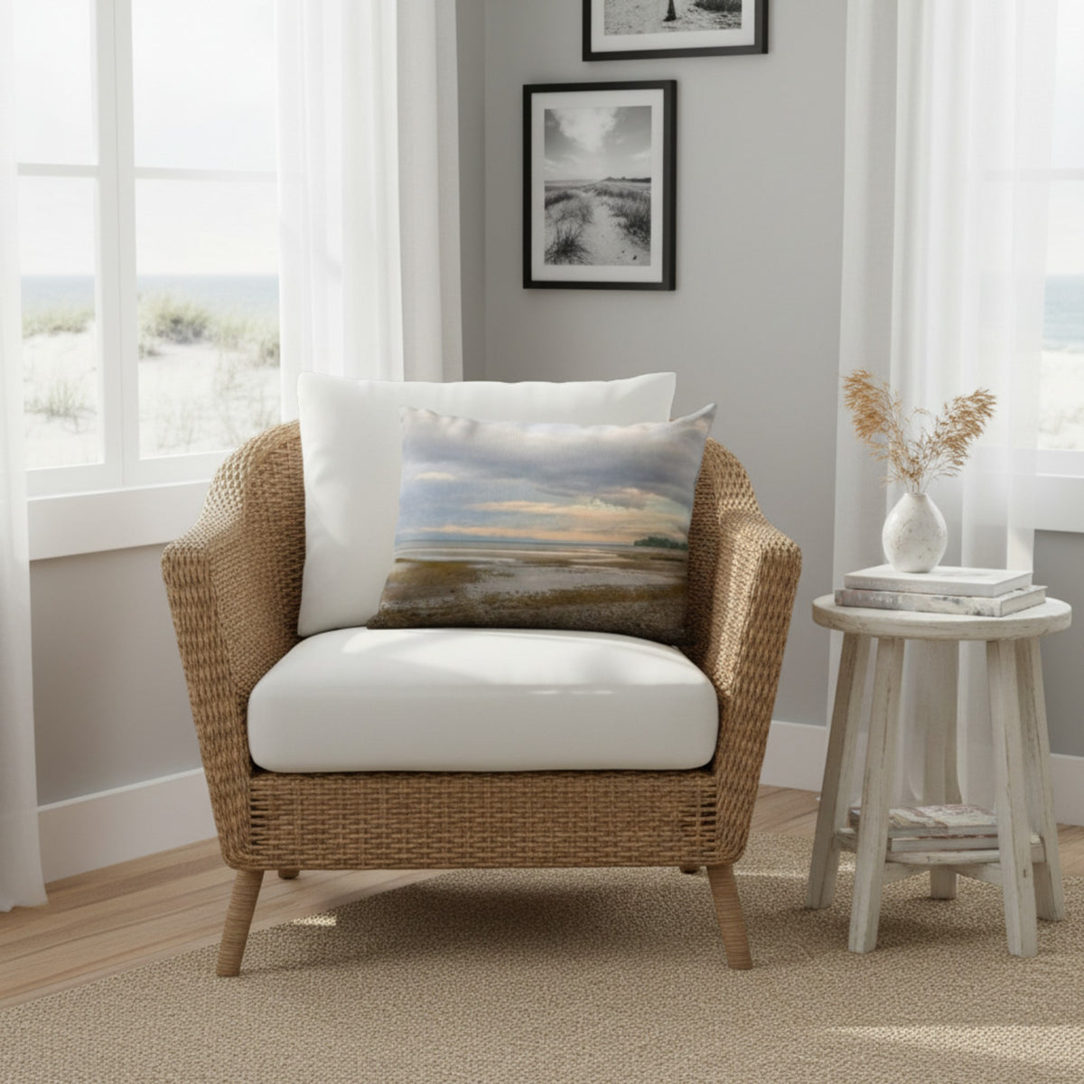 A throw pillow with an image of a serene beach scene on Vancouver Island's west coast.