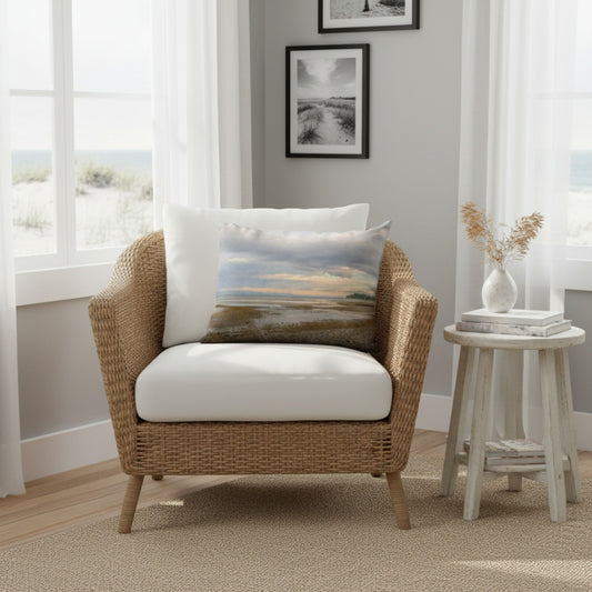 A throw pillow with an image of a serene beach scene on Vancouver Island's west coast.