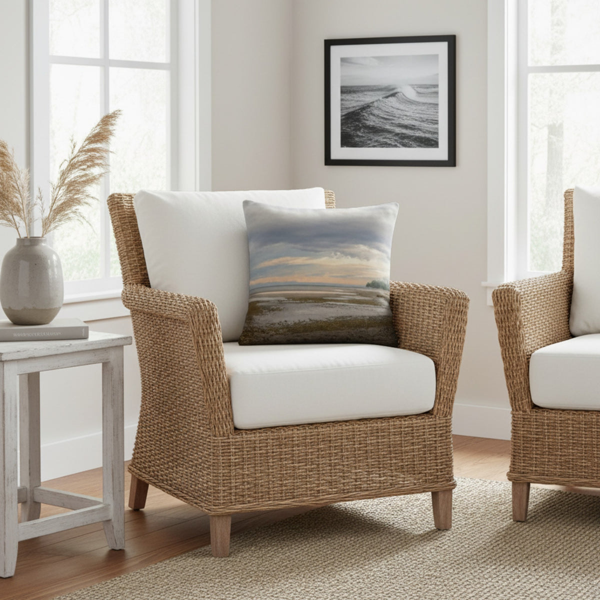A throw pillow with an image of a serene beach scene on Vancouver Island's west coast.