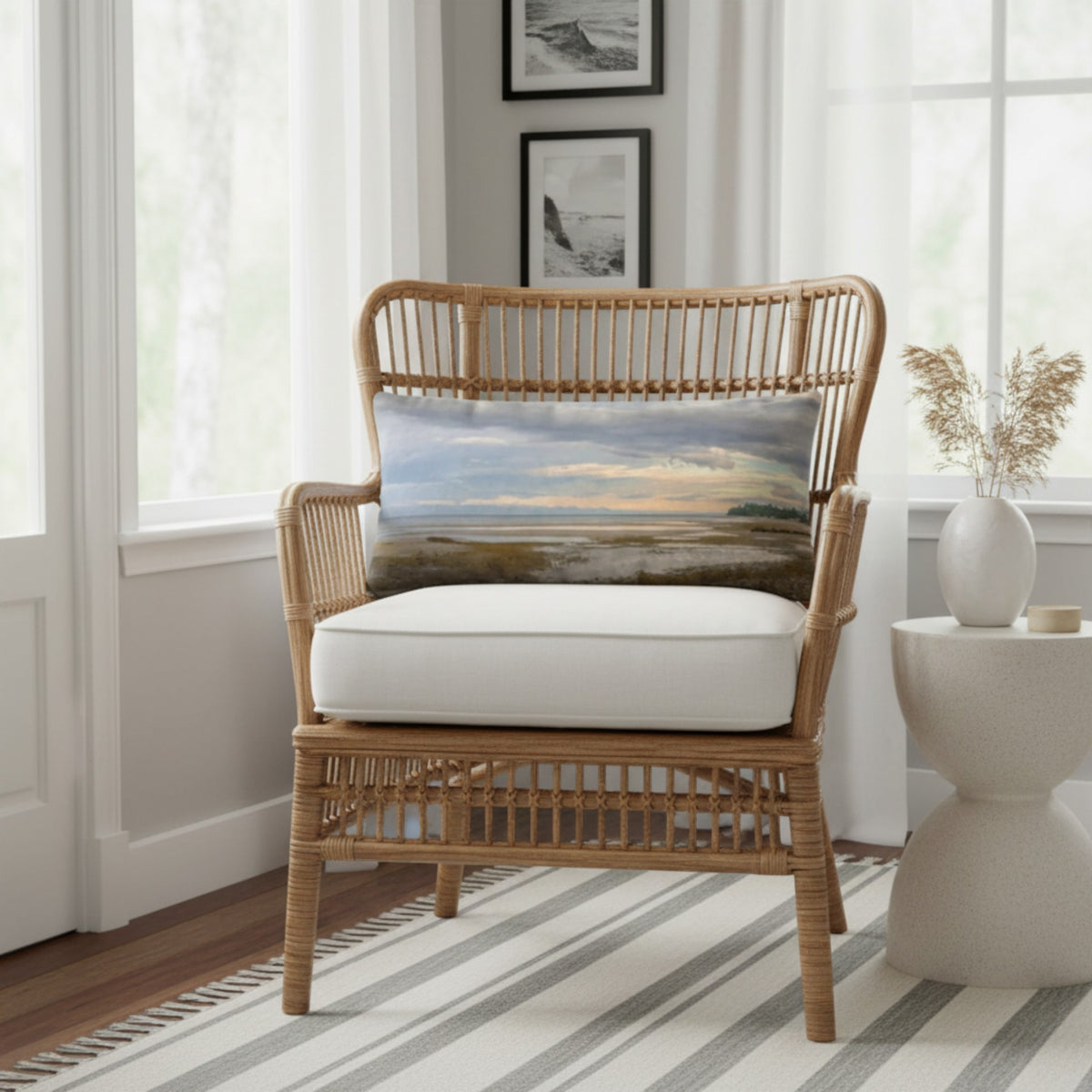A throw pillow with an image of a serene beach scene on Vancouver Island's west coast.