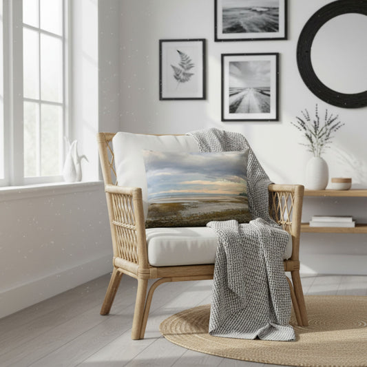 A throw pillow with an image of a serene beach scene on Vancouver Island's west coast.