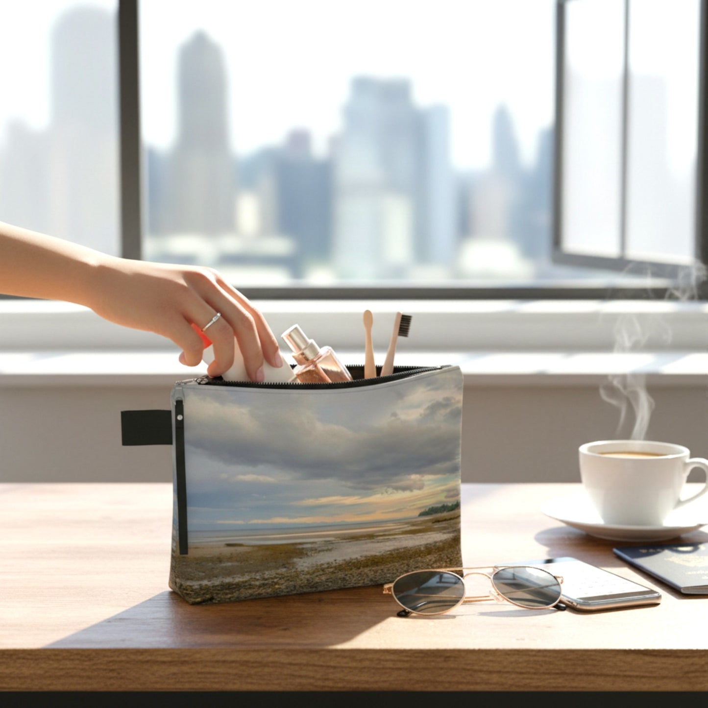 Hand reaching into a pouch with a scenic design on a desk with a cityscape in the background