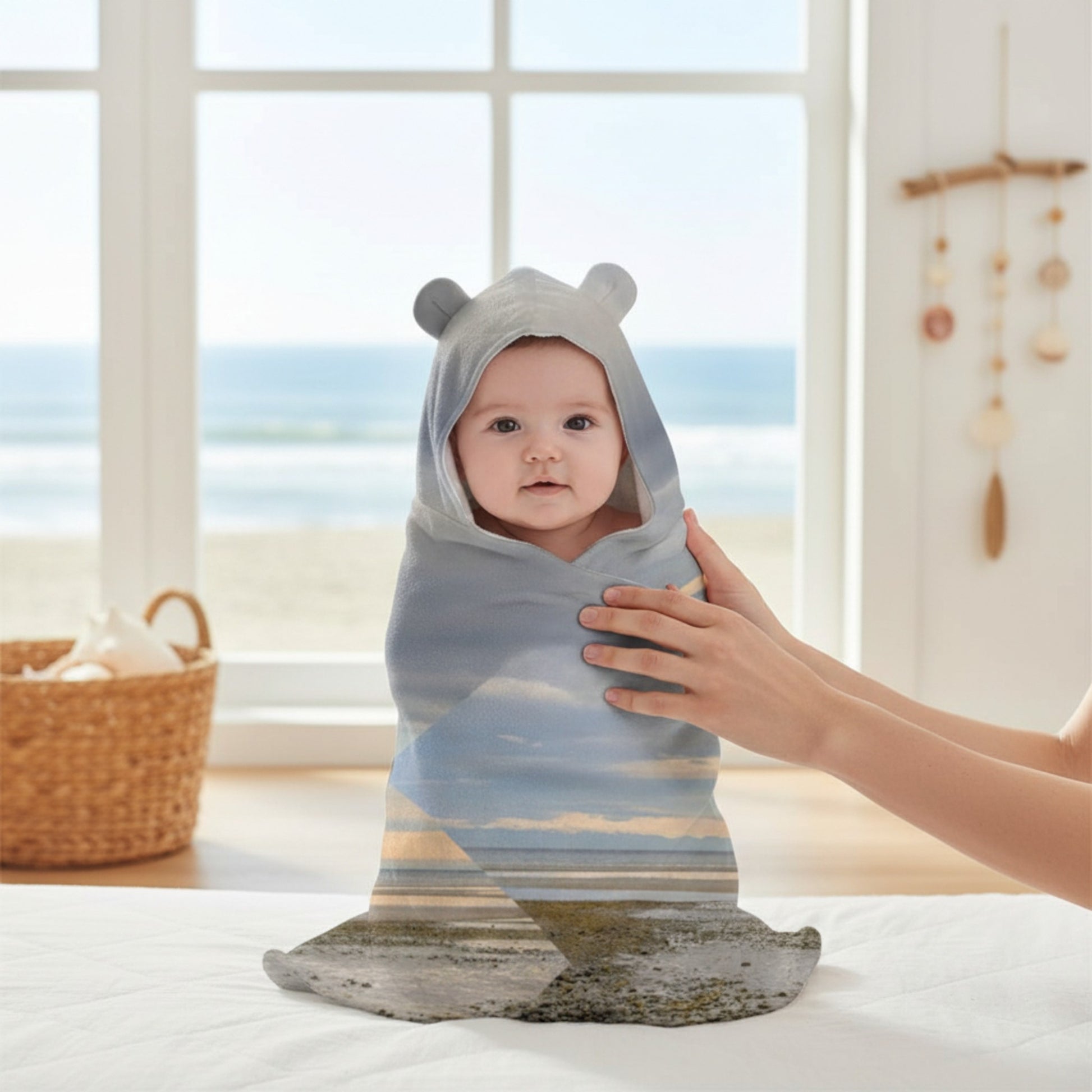 Baby wrapped in a hooded towel with a scenic background