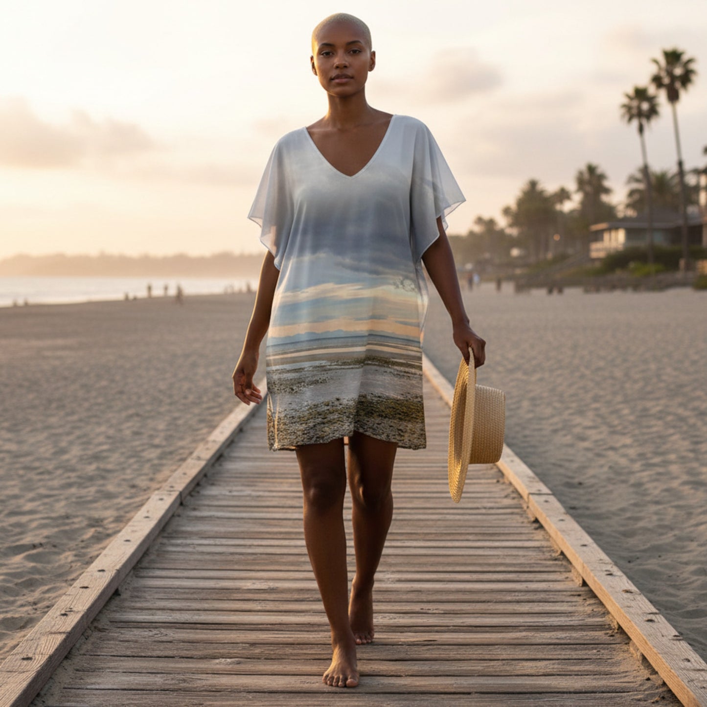 Woman walking on a wooden boardwalk at the beach during sunset.