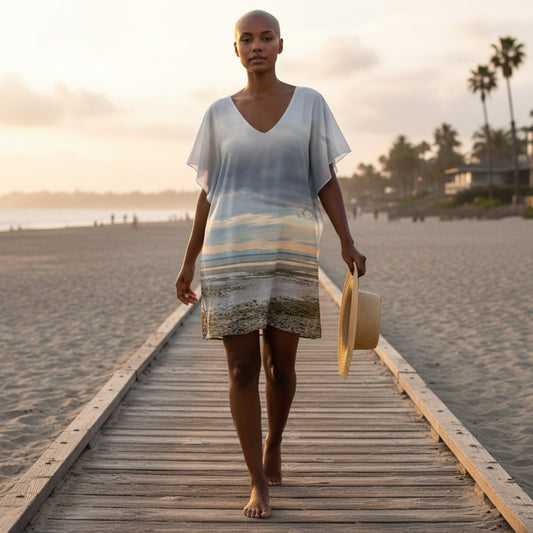 Woman walking on a wooden boardwalk at the beach during sunset.