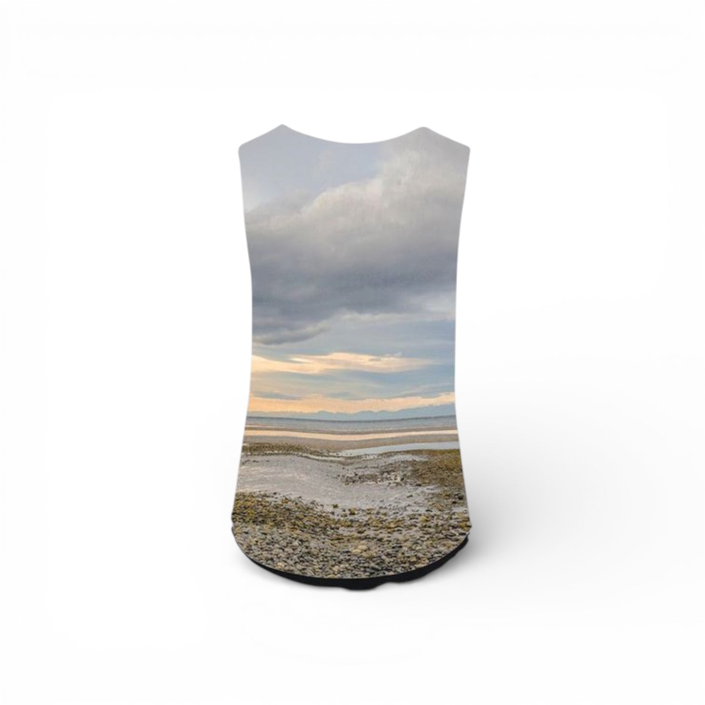 Back side of Sleeveless shirt with a beach scene print on a white background