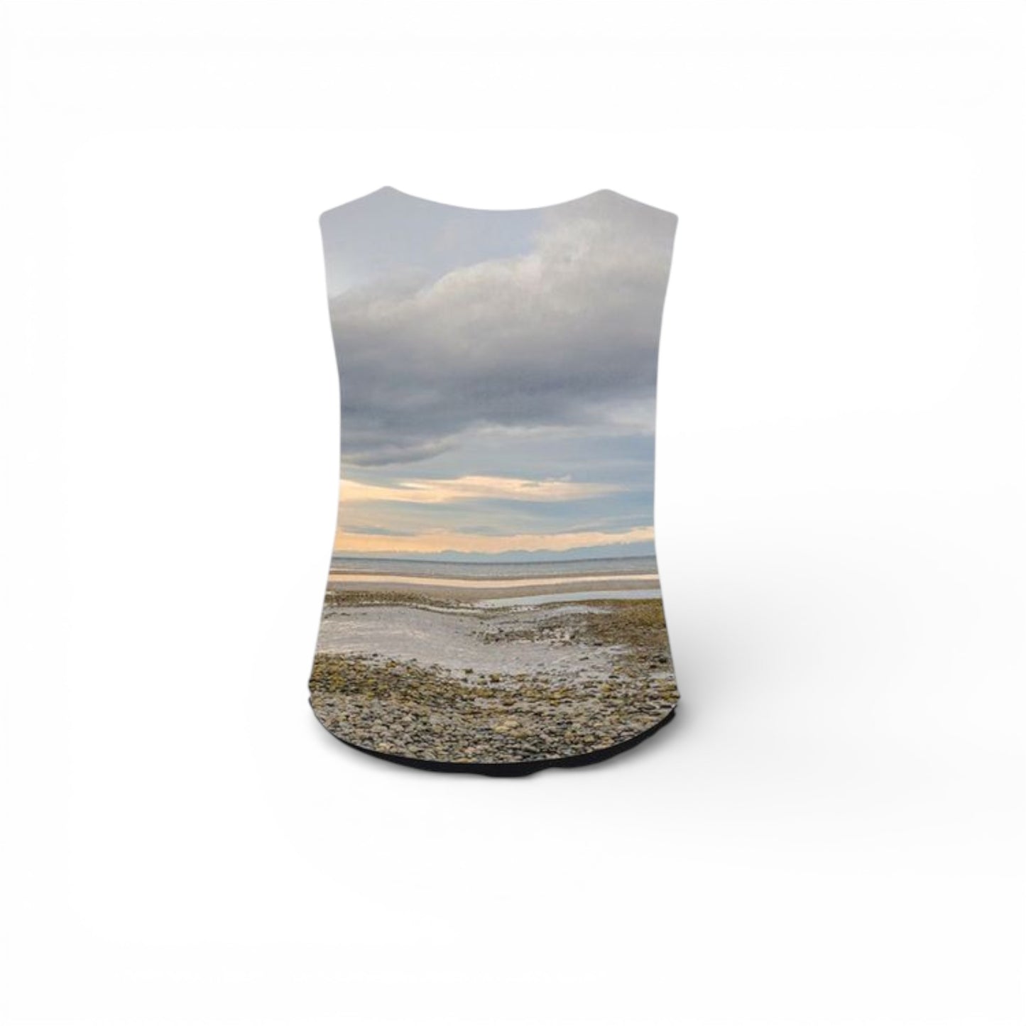 Sleeveless top with a beachscape design on a white background