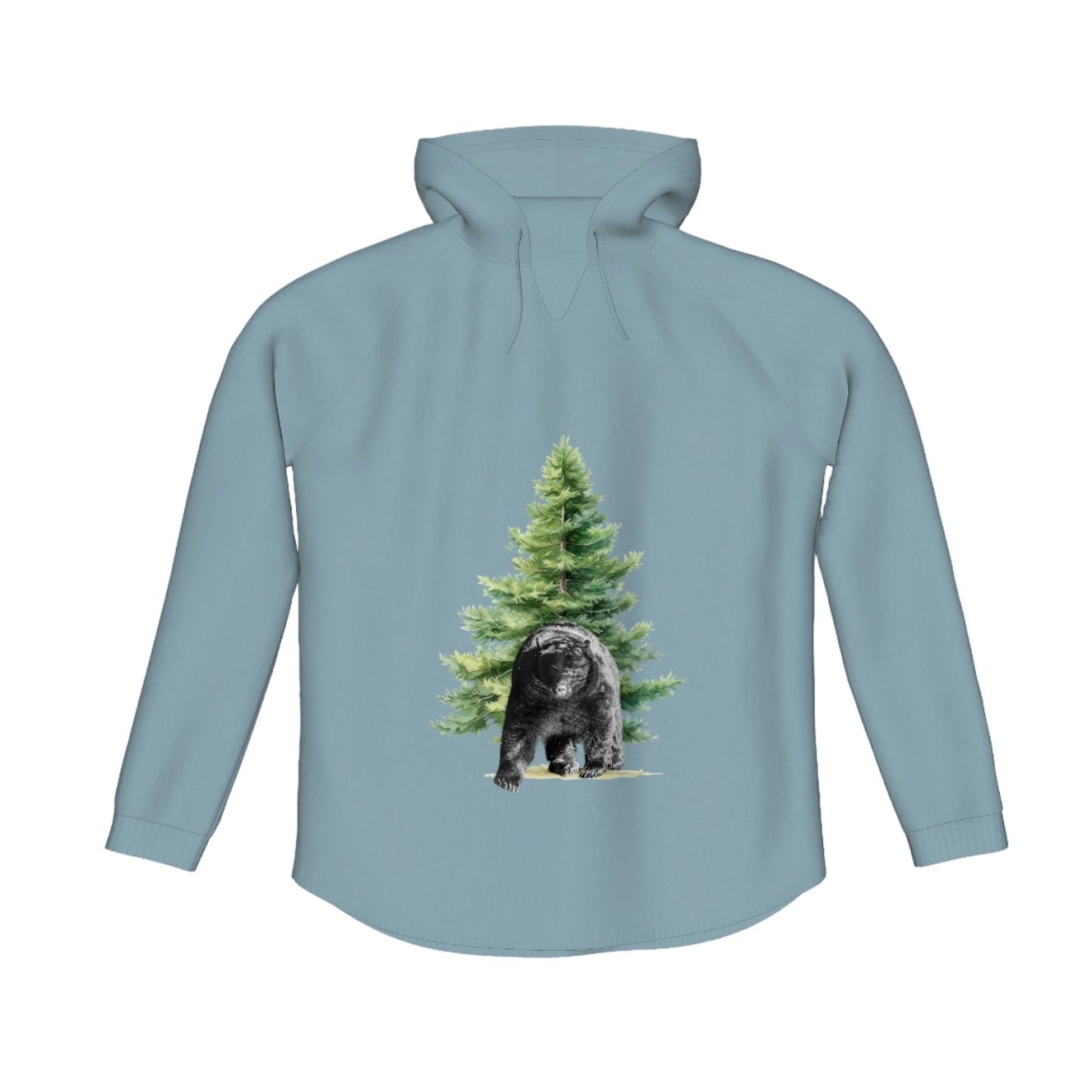 Observant Bear Flow Pullover Hoodie. The image is of a bear standing in front of a tree.