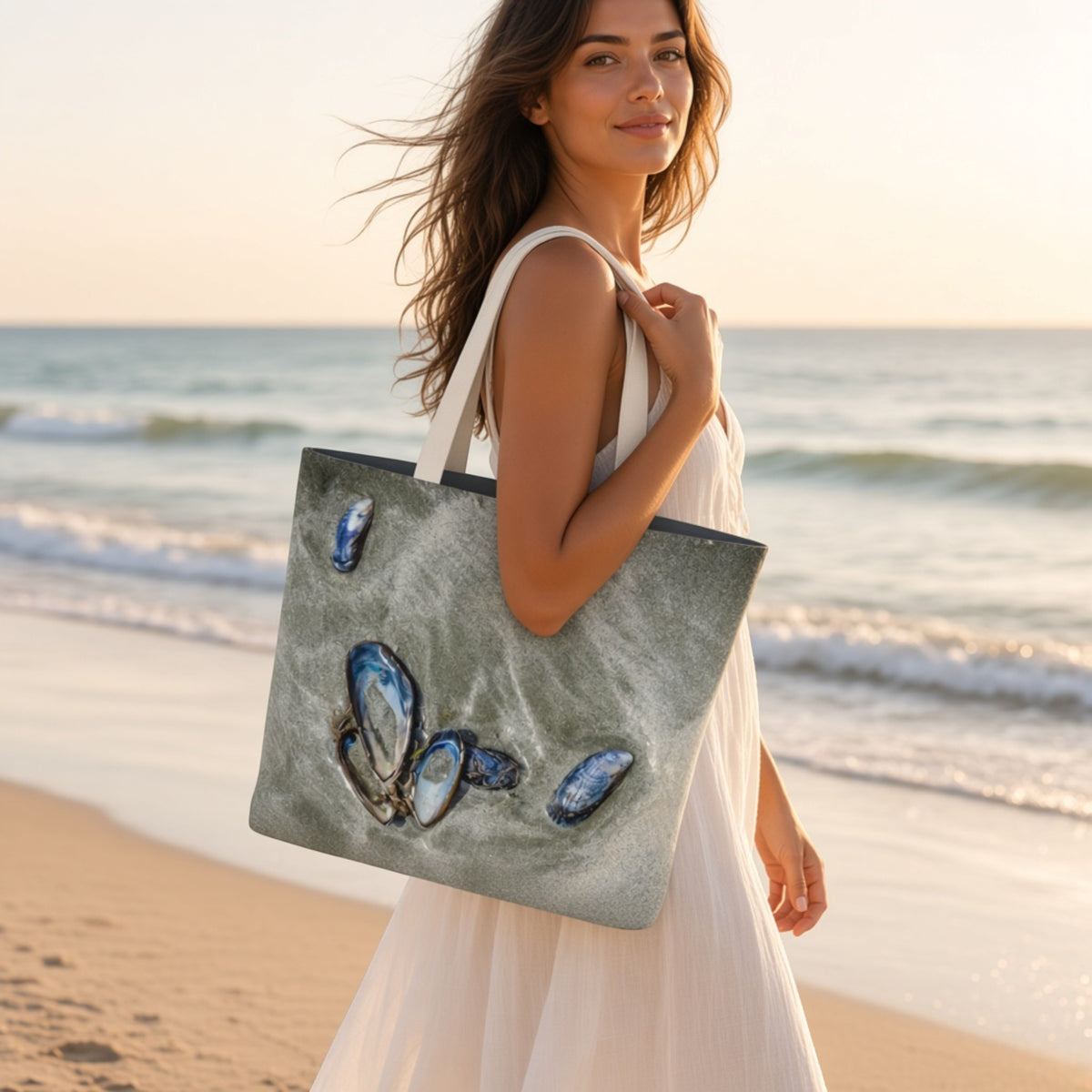 A woman on a beach holds a large gray tote bag decorated with blue and white seashell illustrations. The background shows the ocean and sandy beach during golden hour.