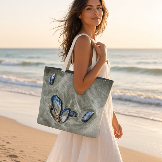 A woman on a beach holds a large gray tote bag decorated with blue and white seashell illustrations. The background shows the ocean and sandy beach during golden hour.