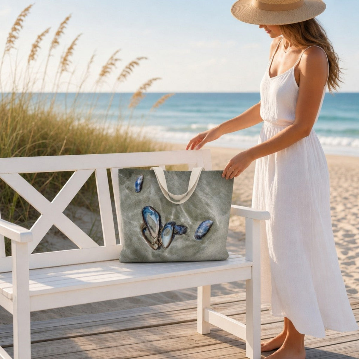 A woman in a white sundress and straw hat stands beside a white bench on a beach, holding a large tote bag printed with blue abalone shell motifs on a gray-green background.
