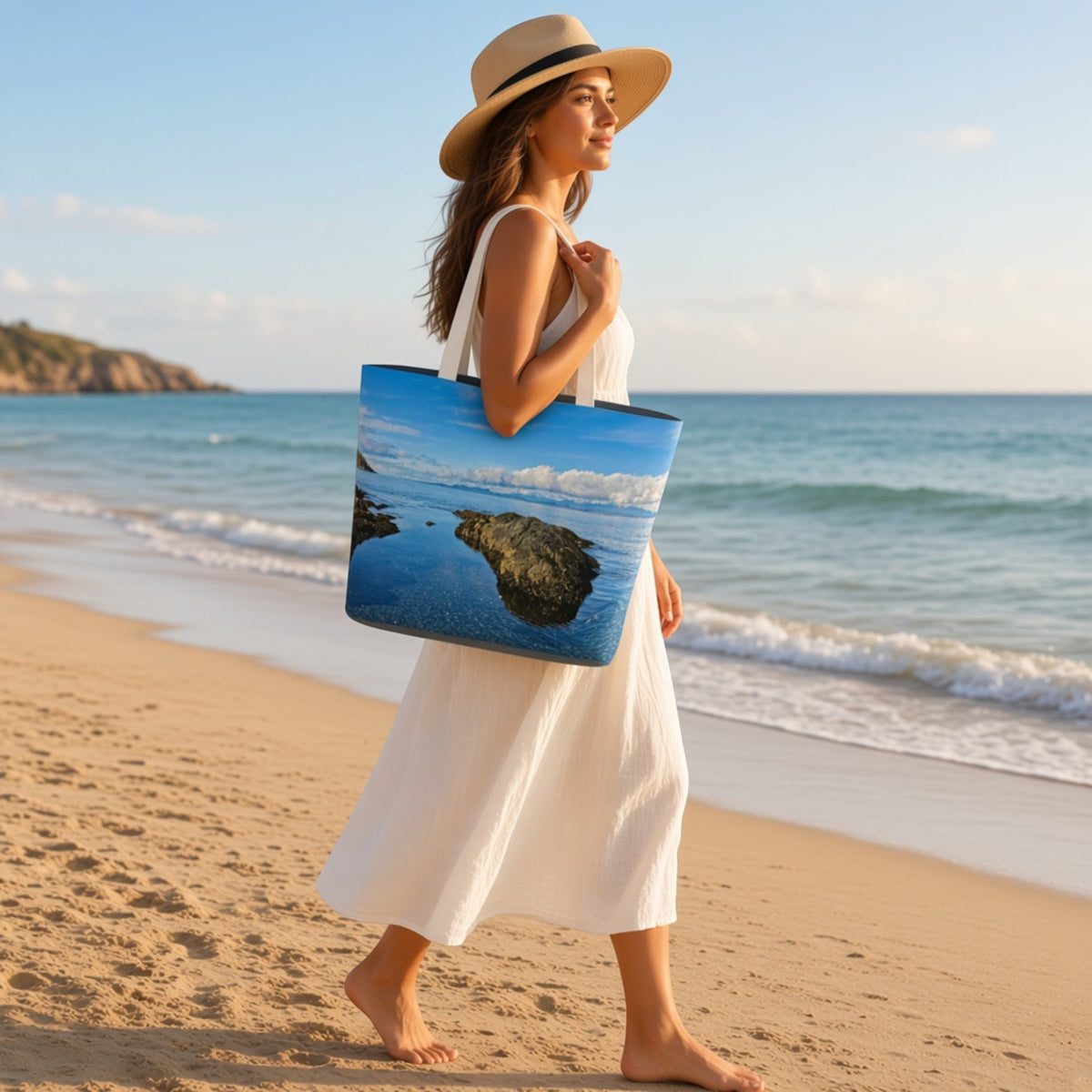 A woman in a white dress and straw hat walks barefoot on a sandy beach carrying a large tote bag printed with a blue ocean and rocky shoreline scene.