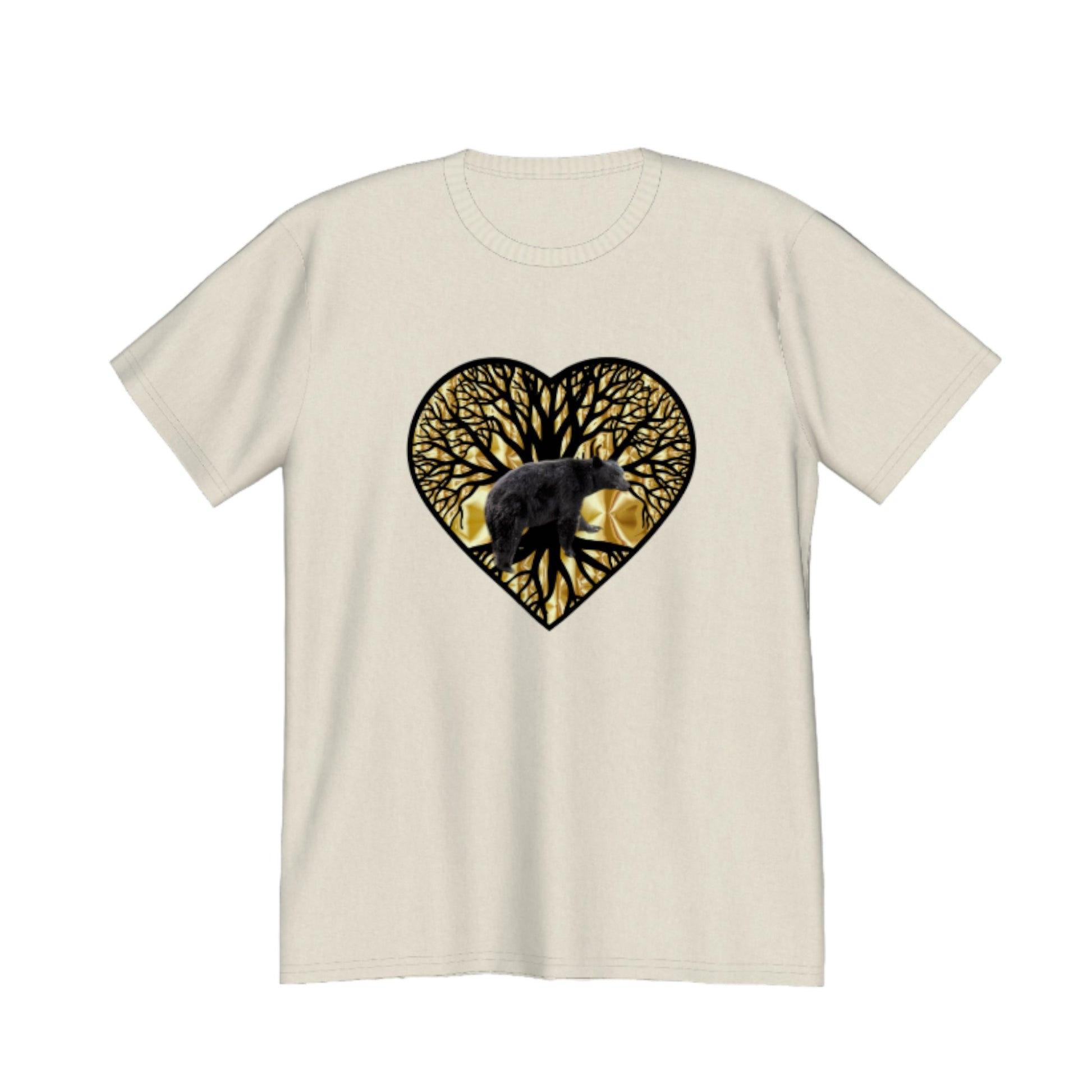Bear Heart Premium Unisex T-shirt. The image on the front is of a bear standing in front of the tree of life that is on a gold background.  by van isle goddess dot com