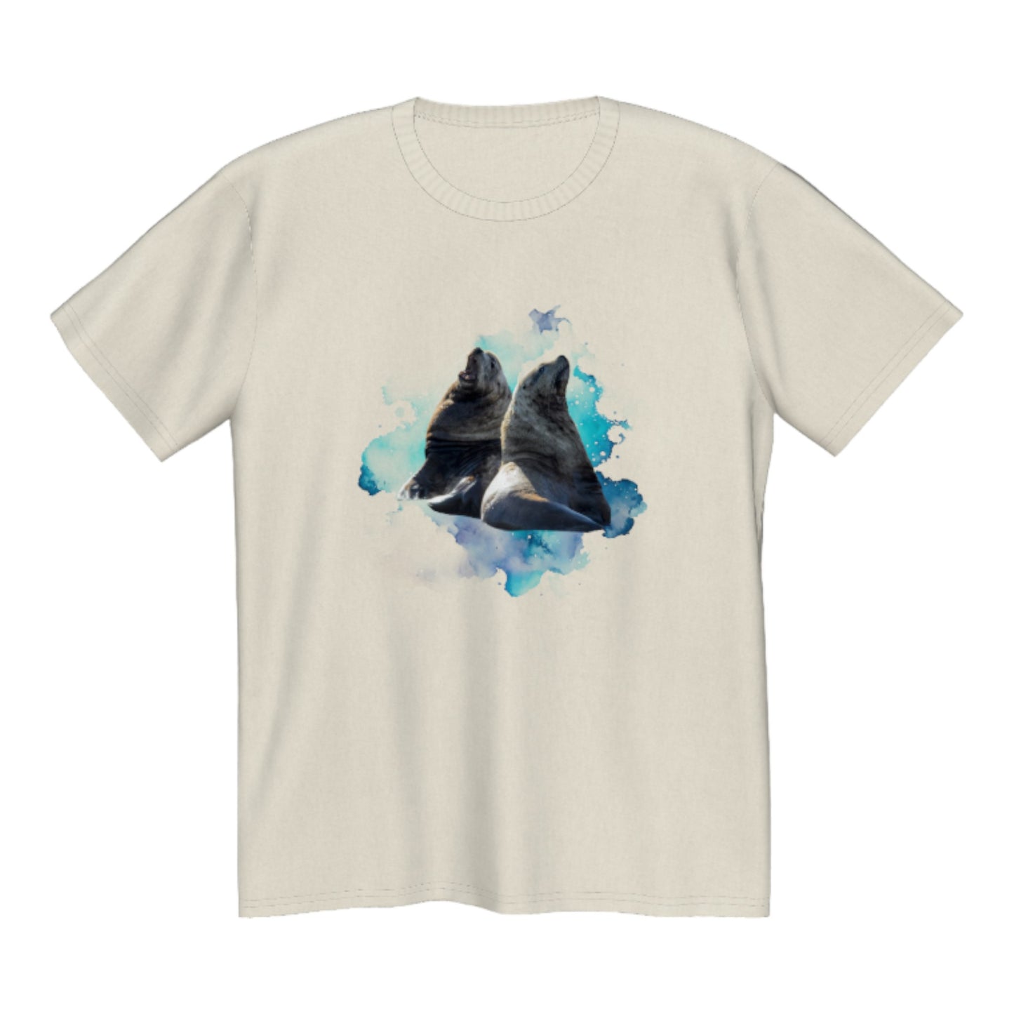 Sea Lions Premium Unisex Tshirt featuring two sea lions on the front.  A colourful blue and green ocean abstract is in the background. by van isle goddess dot com