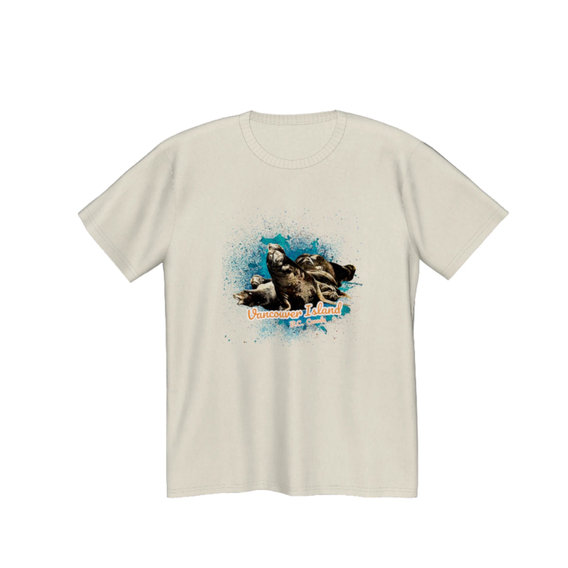 What's Up? Sea Lions Vancouver Island, BC Canada Premium Unisex T-shirt.  The image on the front is of a group of sea lions on a log raft.  by van isle goddess dot com