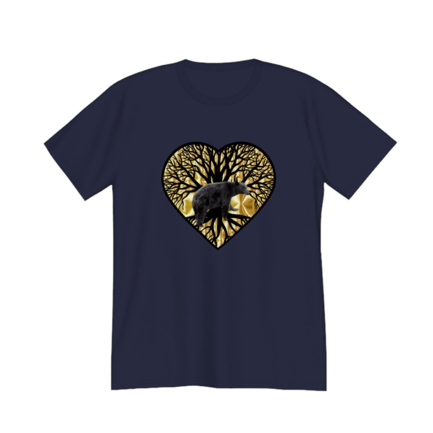 Bear Heart Premium Unisex T-shirt. The image on the front is of a bear standing in front of the tree of life that is on a gold background.  by van isle goddess dot com