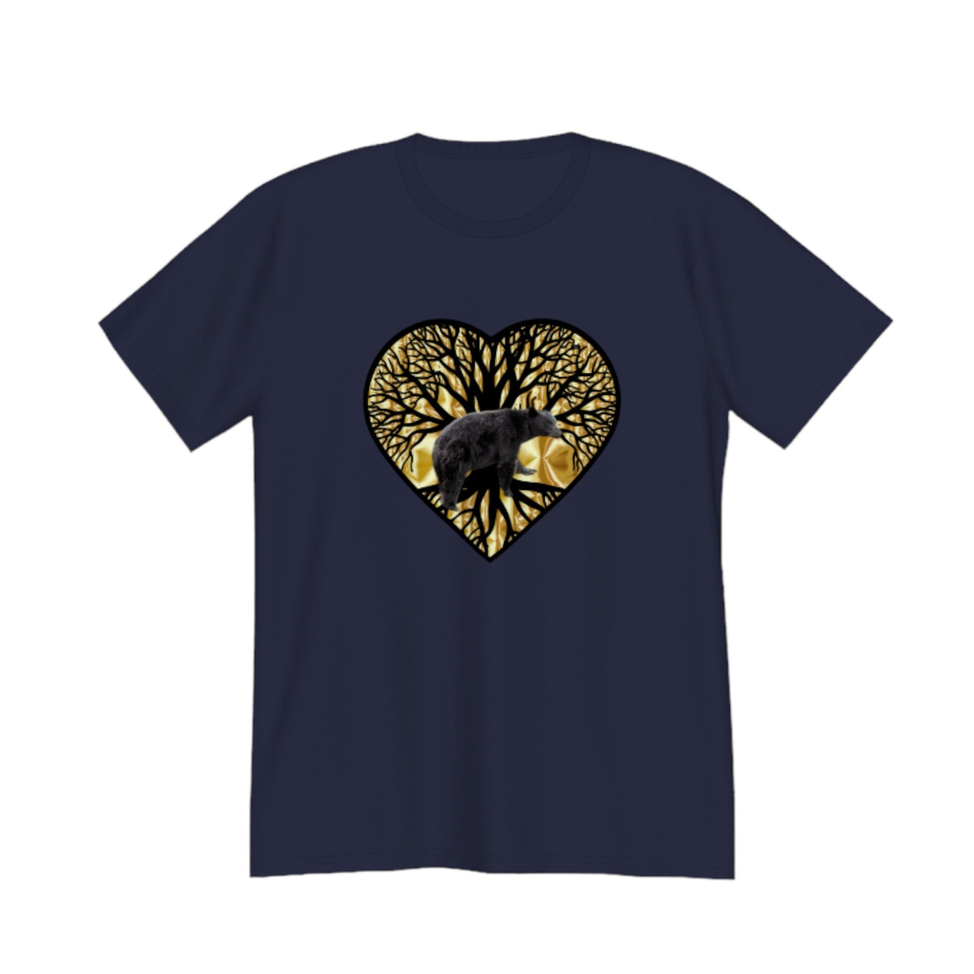 Bear Heart Premium Unisex T-shirt. The image on the front is of a bear standing in front of the tree of life that is on a gold background.  by van isle goddess dot com