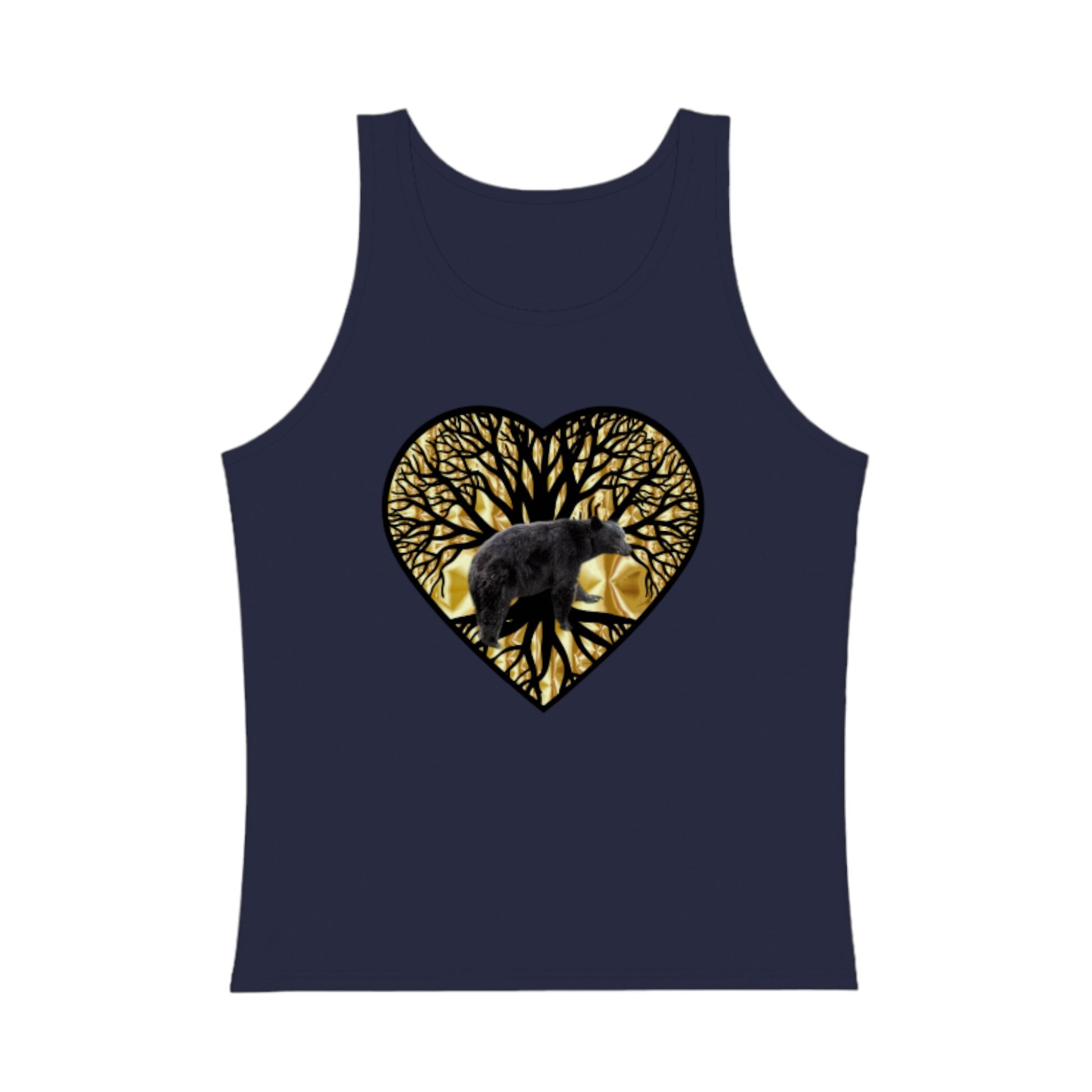 Unisex Premium Tank Top featuring a gold heart outlined in black. The interior of the heart is a tree of life with a bear in front with its feet on the roots of the tree.  The image is called Bear Heart and it is printed on navy blue tank top.  by van isle goddess dot com