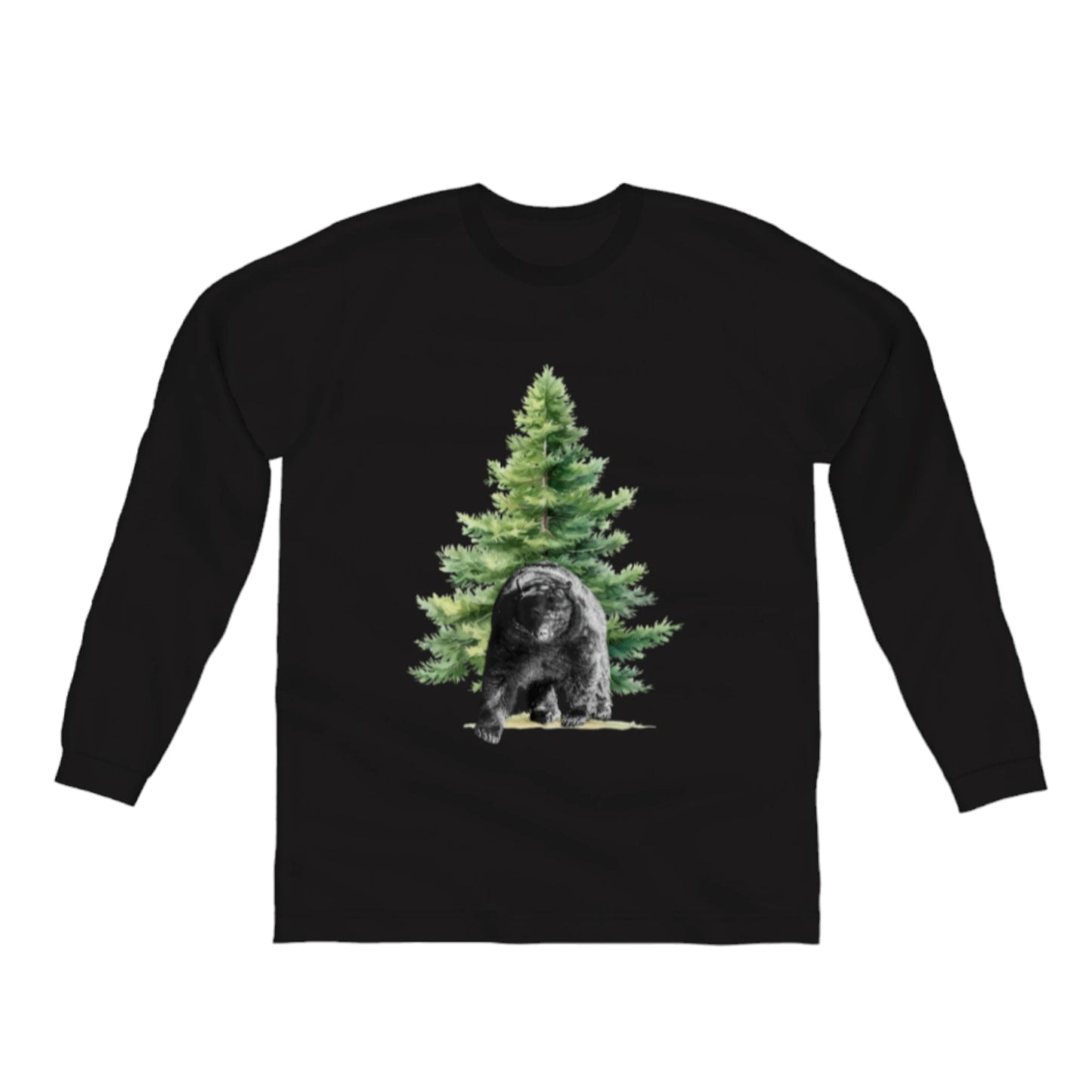 Observant Bear Comfort Long Sleeve Unisex T-shirt. the picture on the front of the shirt is of a bear standing in front of a tree.  by van isle goddess dot com