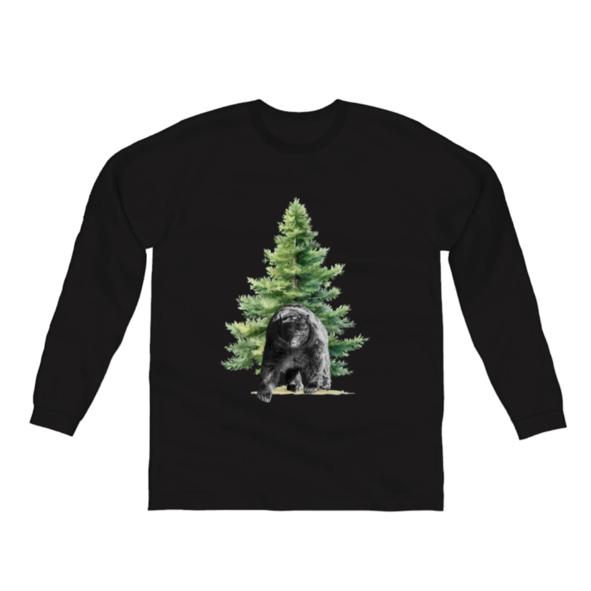 Observant Bear Comfort Long Sleeve Unisex T-shirt. the picture on the front of the shirt is of a bear standing in front of a tree.  by van isle goddess dot com