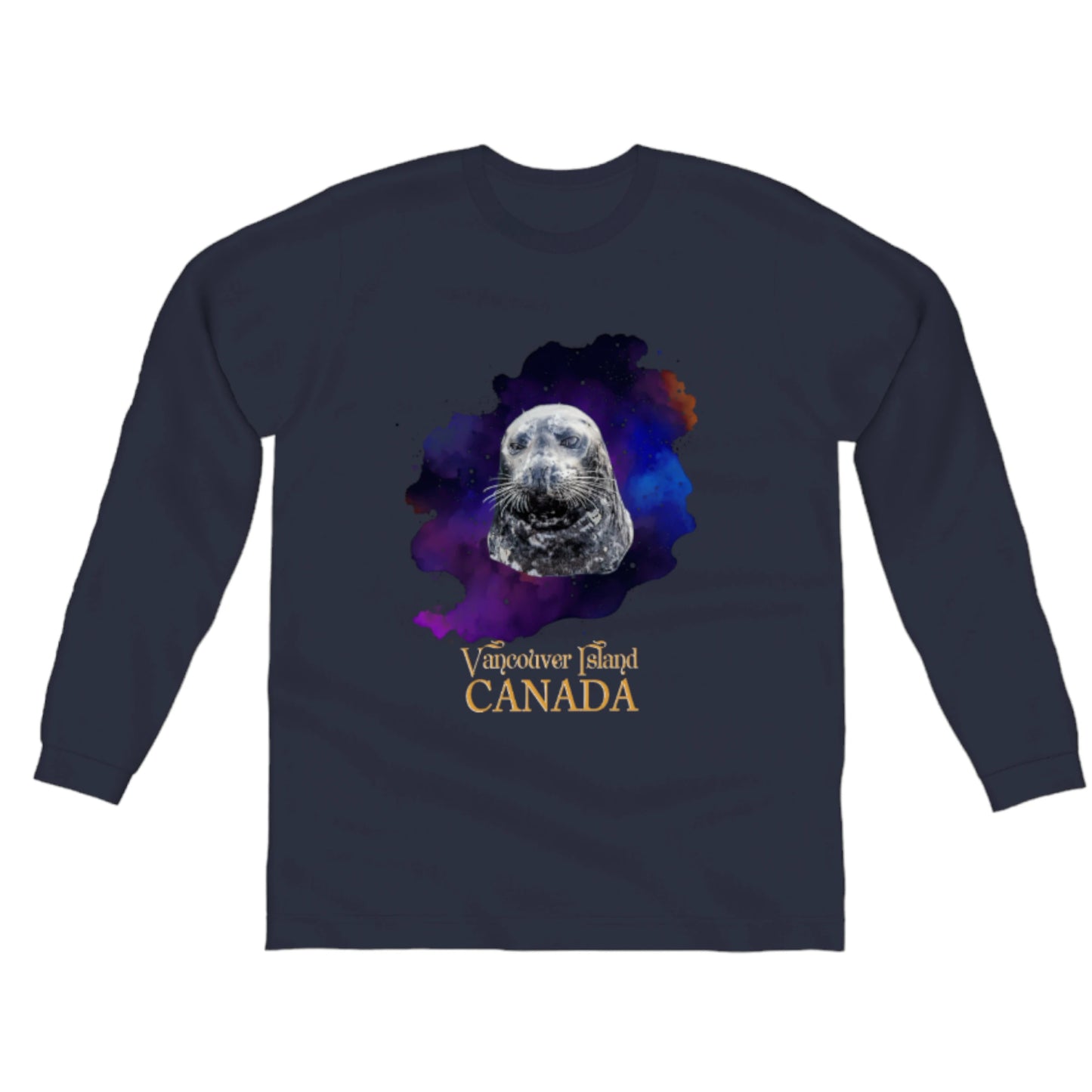 I Love Lucy Vancouver Island Canada Comfort Long Sleeve Unisex T-shirt, the image on the front is of a harbour seal with a colourful abstract background.  the words on the t-shirt read Vancouver Island Canada