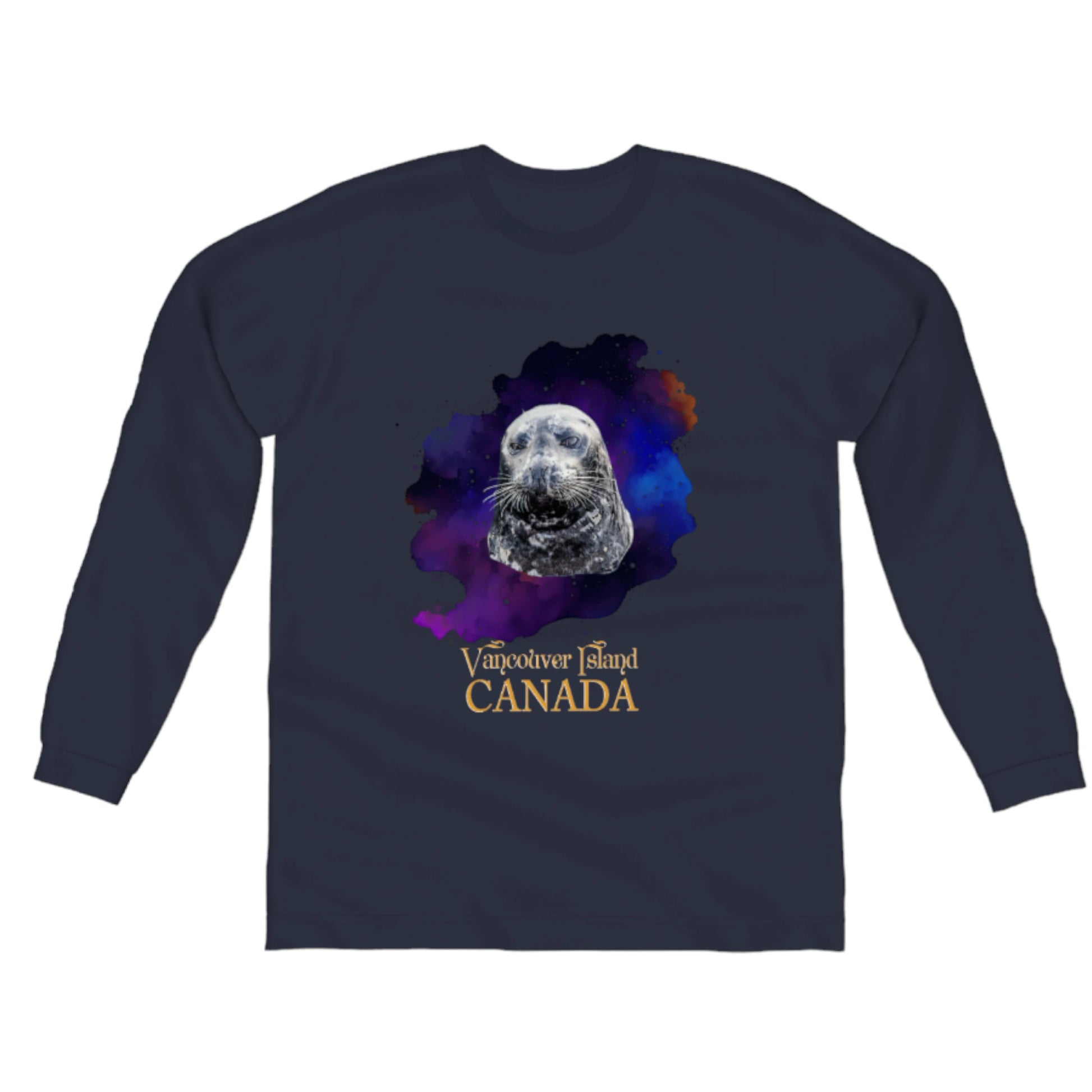I Love Lucy Vancouver Island Canada Comfort Long Sleeve Unisex T-shirt, the image on the front is of a harbour seal with a colourful abstract background.  the words on the t-shirt read Vancouver Island Canada