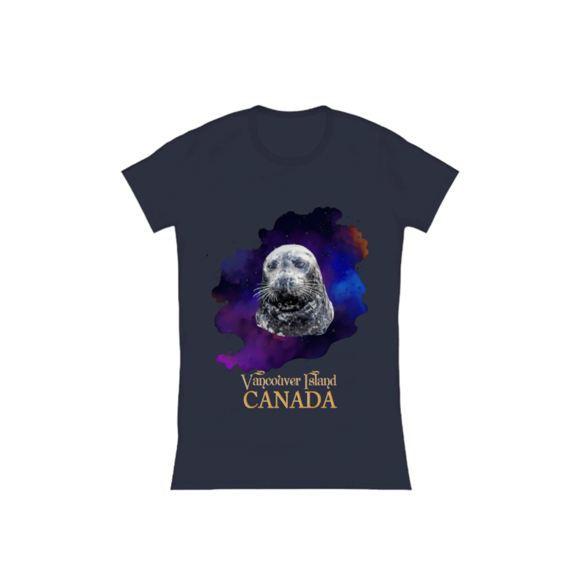 I Love Lucy Vancouver Island Canada Comfort Slim Fit T-Shirt. The image is of a harbour seal with a colorful blue, purple abstract background.  by vanislegoddess.com