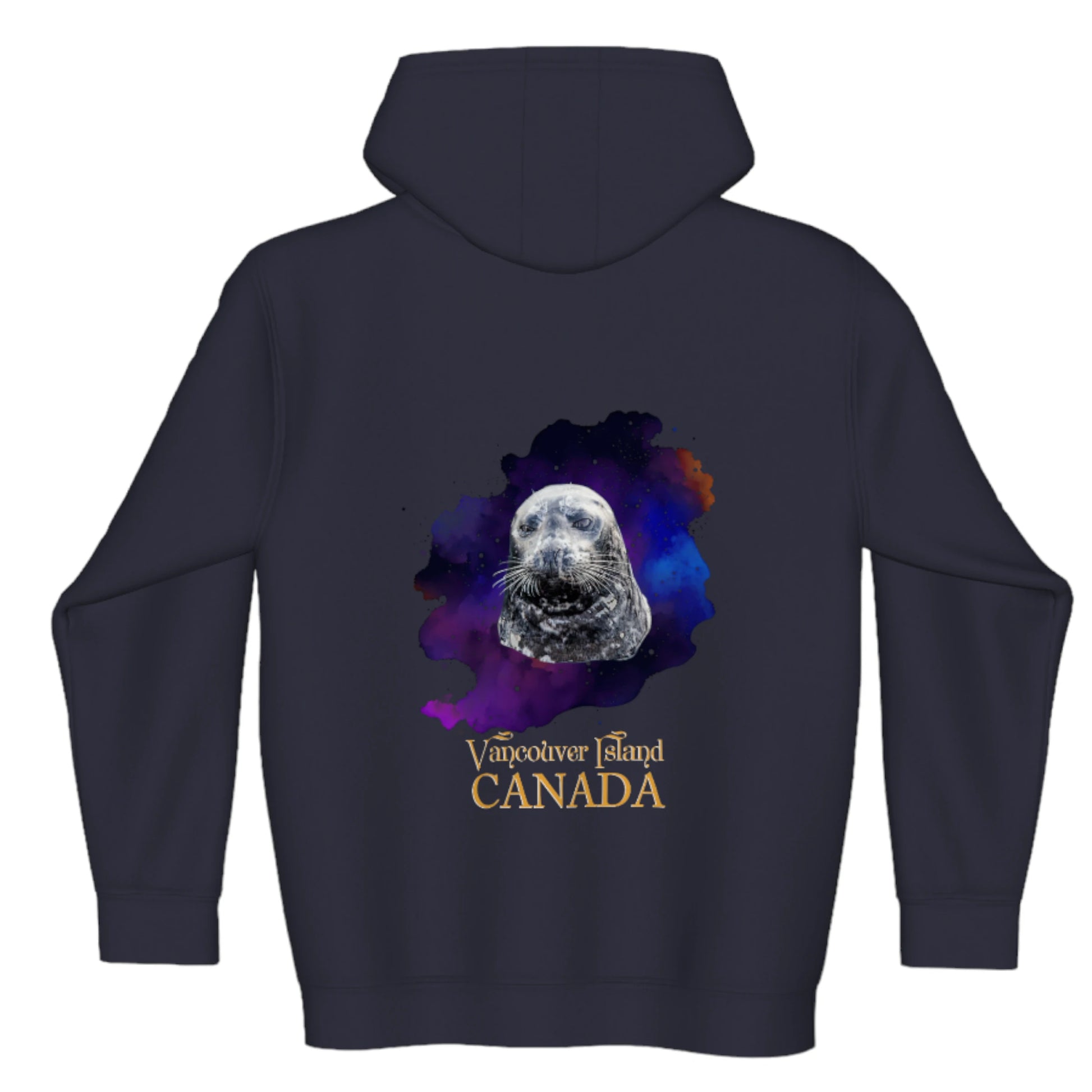 I Love Lucy Vancouver Island Canada Premium Zipper Hoodie. The image is of a harbour seal and is printed on both sides of the hoodie.