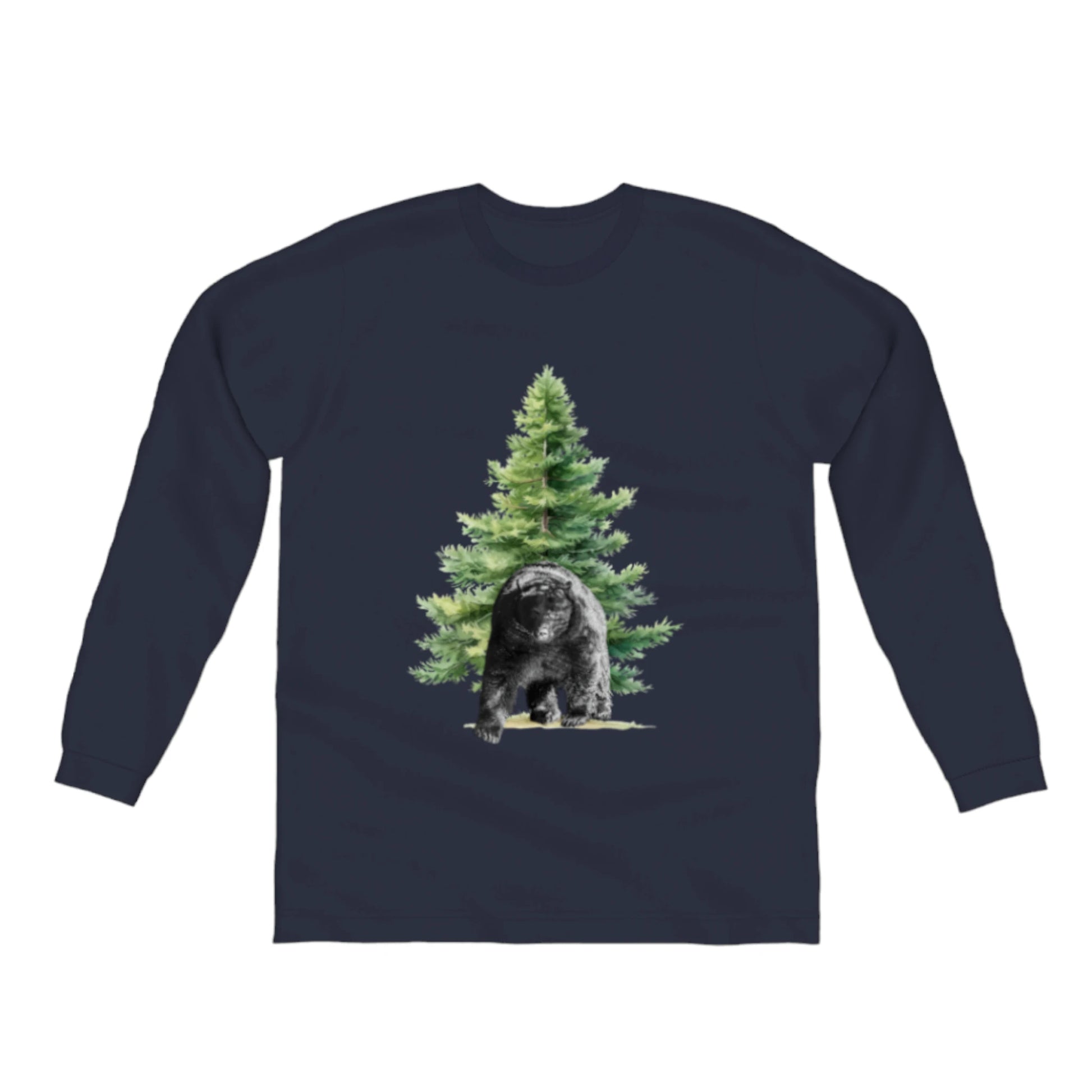 Observant Bear Comfort Long Sleeve Unisex T-shirt. the picture on the front of the shirt is of a bear standing in front of a tree.  by van isle goddess dot com