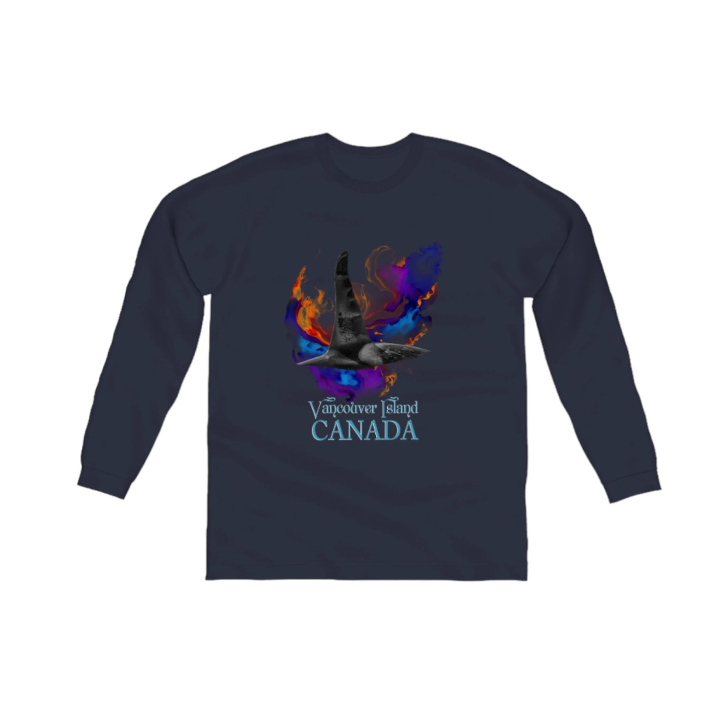 Orca Aura Vancouver Island Canada Comfort Long Sleeve Unisex T-shirt.  the image on the front of the shirt is of a male orca dorsal fin with a colourful abstract background. by van isle goddess dot com