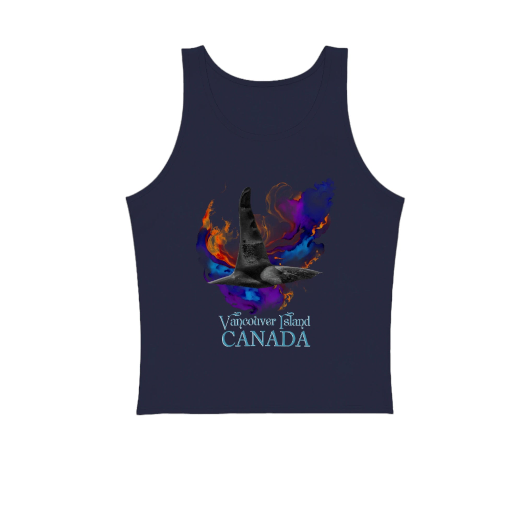 Orca Aura Vancouver Island Canada Premium Unisex Tank Top.  Souvenir of Vancouver Island. The image features an large male orca dorsal fin with an abstract aura of colours! by van isle goddess dot com