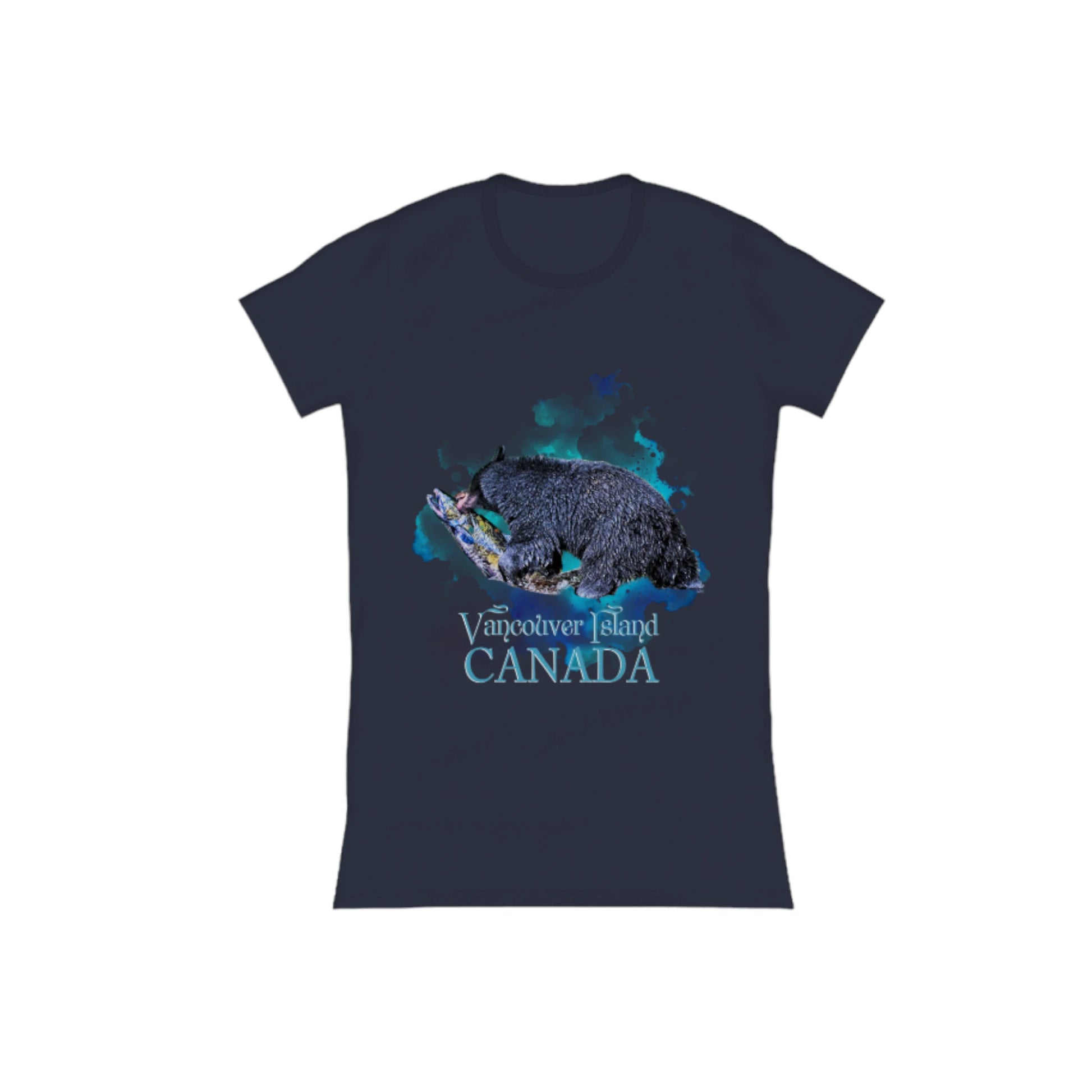 Salmon Bear Vancouver Island Canada Comfort Slim Fit T-shirt  The image is of a bear with a fresh caught salmon in its mouth with a ocean blue abstract background.