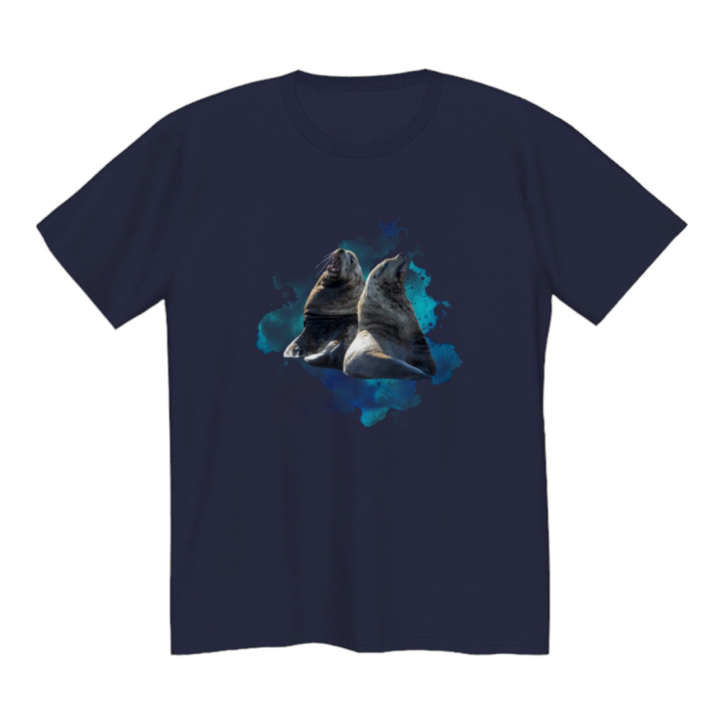 Sea Lions Premium Unisex Tshirt featuring two sea lions on the front.  A colourful blue and green ocean abstract is in the background. by van isle goddess dot com