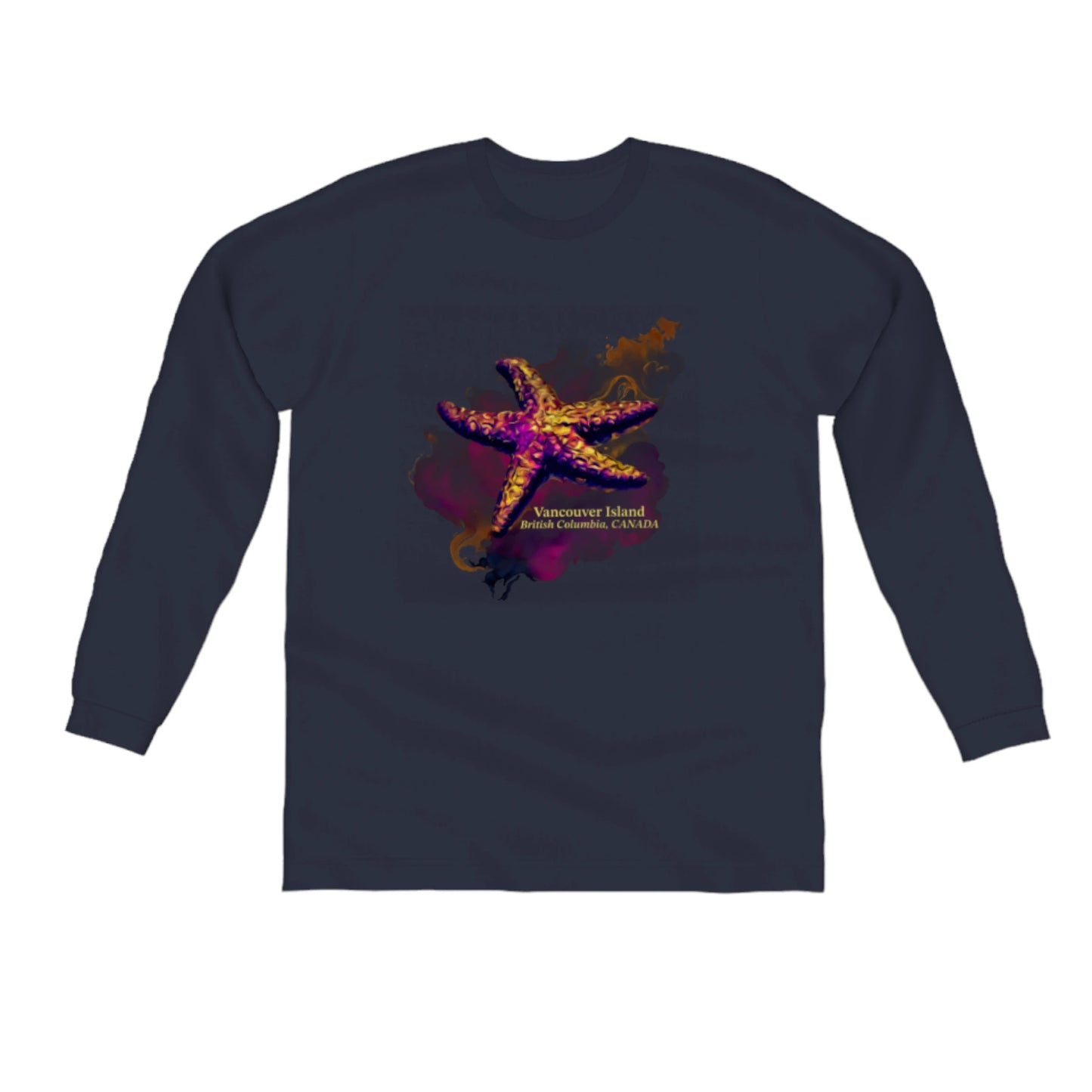 Star Track Vancouver Island BC Canada Comfort Long Sleeve Unisex T-Shirt. The image on the front of the shirt is a starfish on a colourful abstract background. by van isle goddess dot com