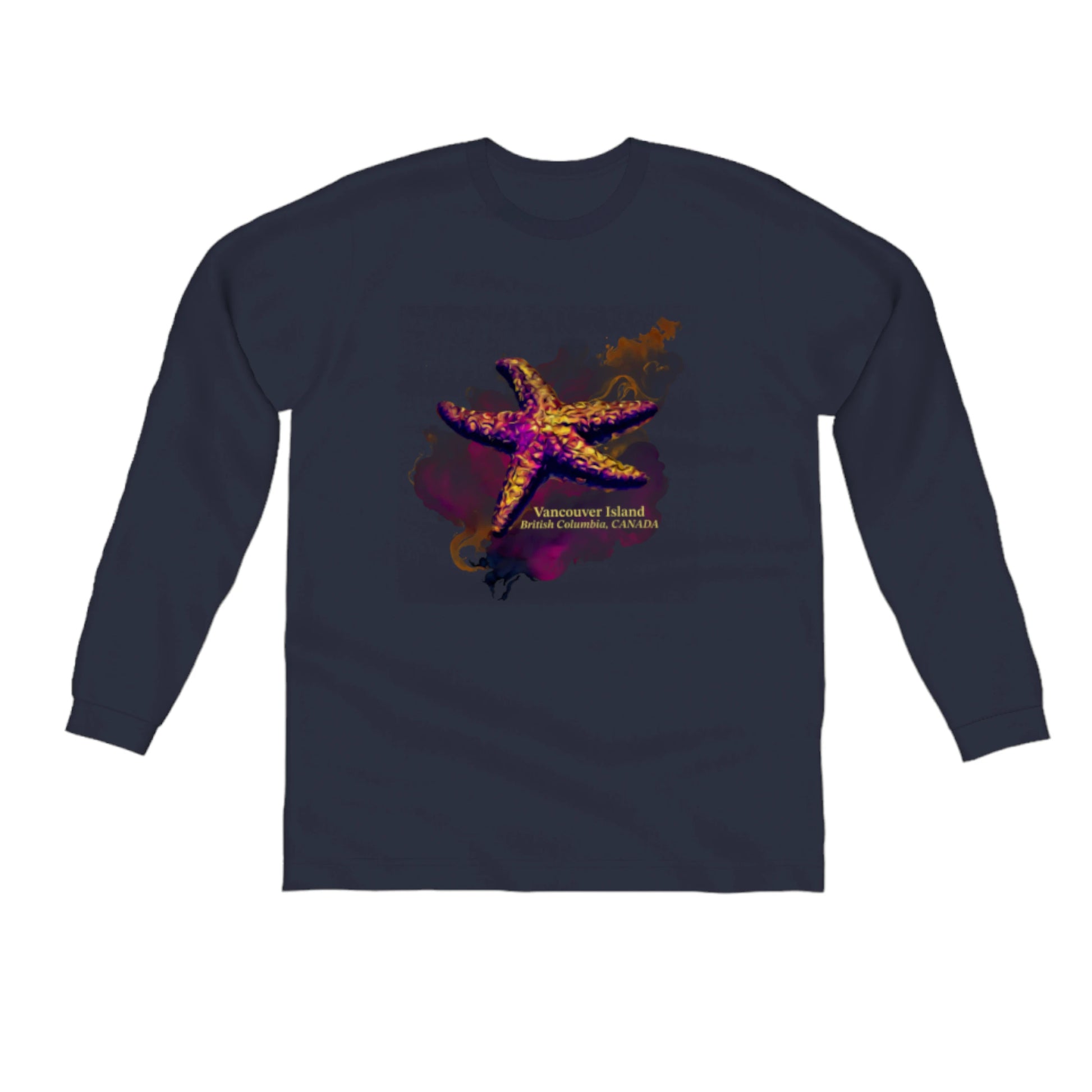 Star Track Vancouver Island BC Canada Comfort Long Sleeve Unisex T-Shirt. The image on the front of the shirt is a starfish on a colourful abstract background. by van isle goddess dot com