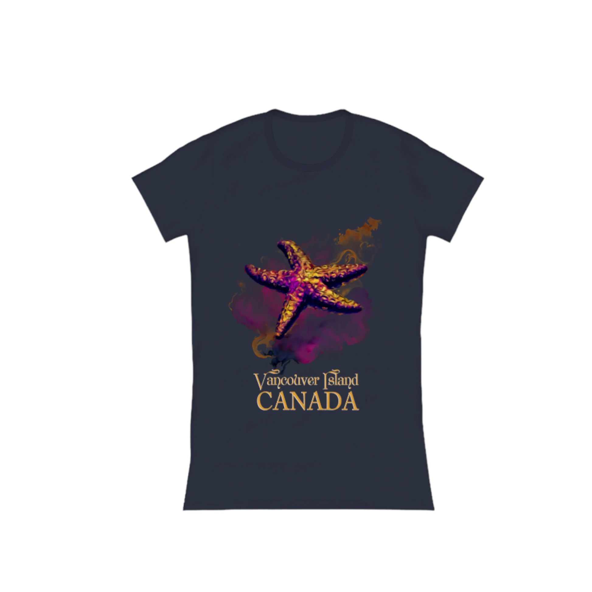Star Track Vancouver Island Canada Comfort Slim Fit T-shirt. the image on the front of t he shirt is a starfish with a colourful abstract background. the words on the shirt read Vancouver Island Canada