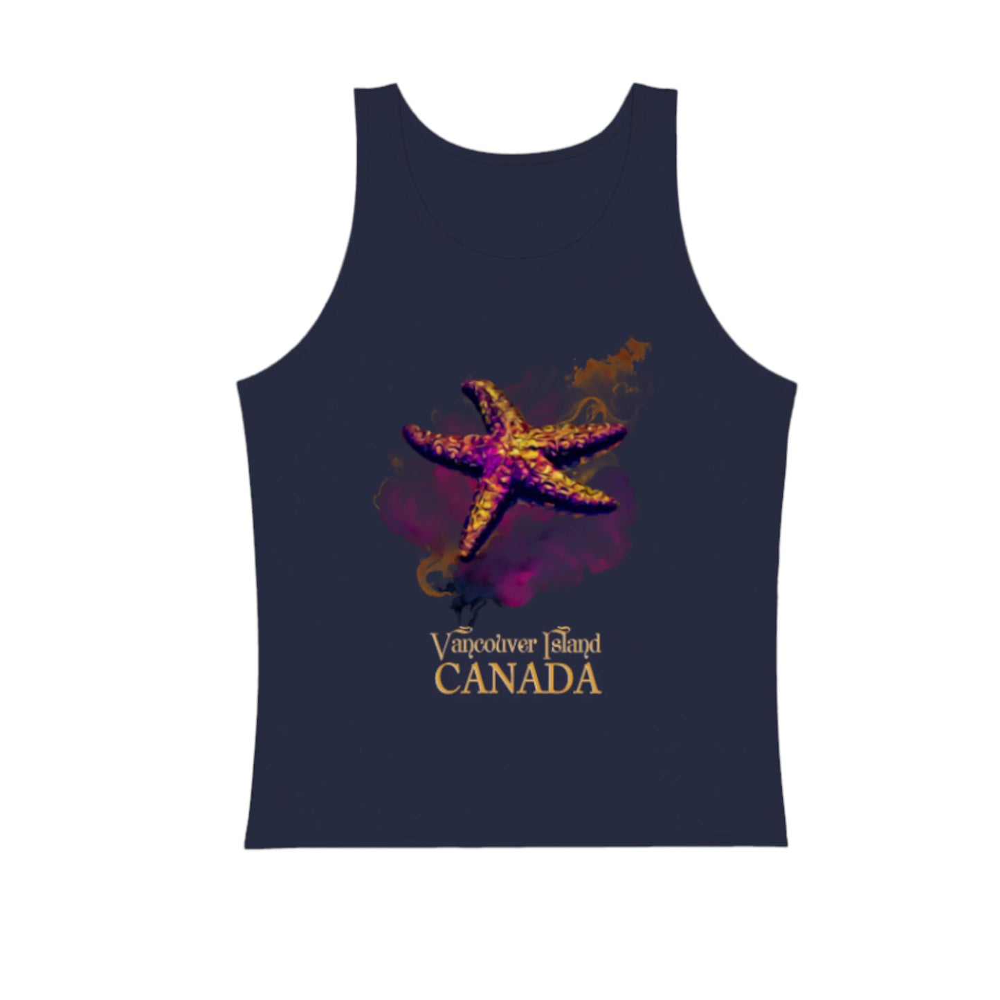 Star Track Vancouver Island Canada Premium Unisex tank top in navy.  The artwork is of a starfish with a billow of colour in a abstract design.  by van isle goddess dot com